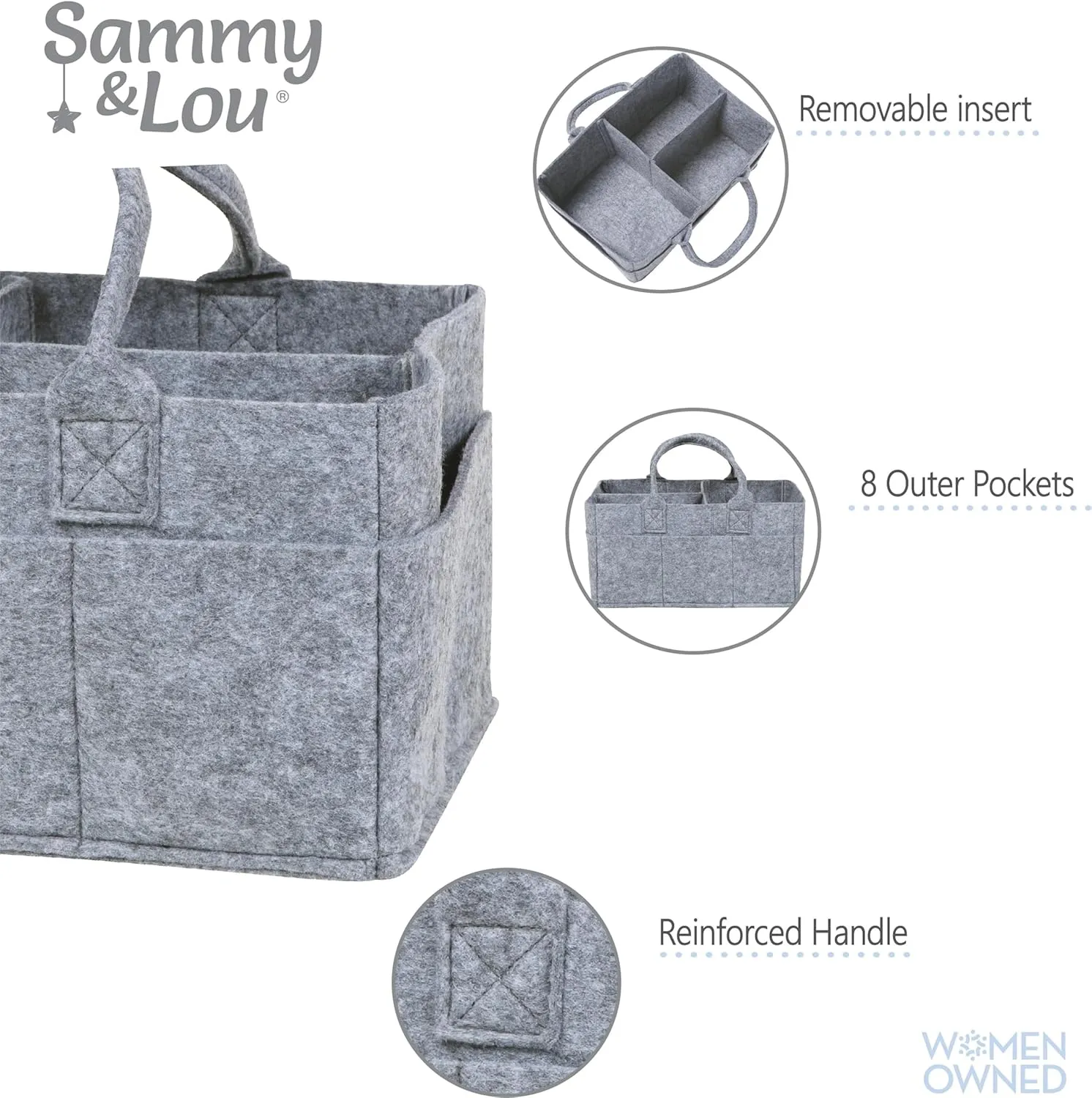Sammy & Lou Collapsible Light Gray Felt Storage Caddy, Divided Design To Keep Diapers, Wipes And Changing Items Organized, Two Handles, 11.5"D x 6"W x 8"H