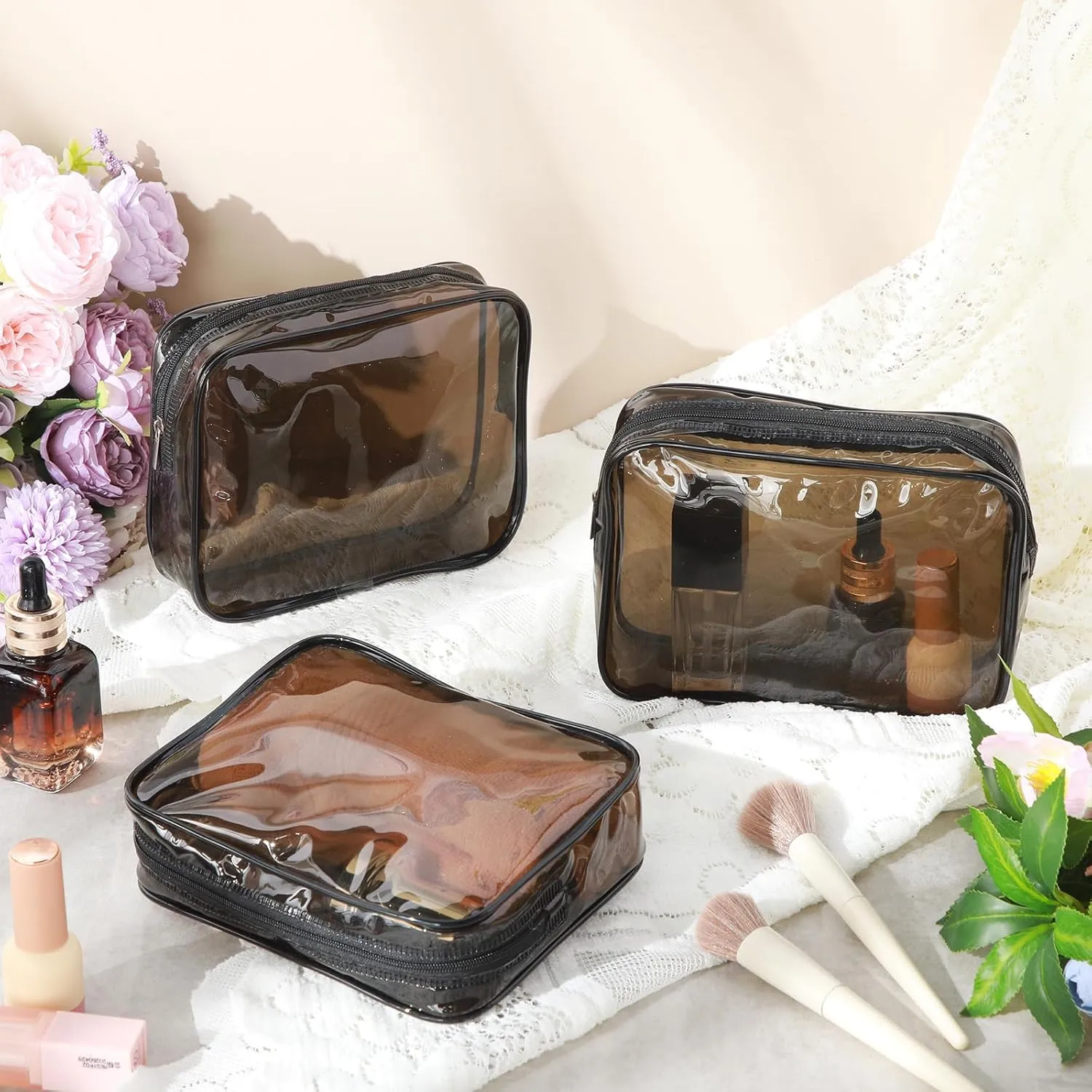 Sanwuta 100 Pcs Clear Makeup Bags Bulk Tsa Approved Toiletry Bag for Travel Transparent Cosmetic Bag PVC Waterproof Travel Small Pouches with Zipper for Men and Women(Dark Black)