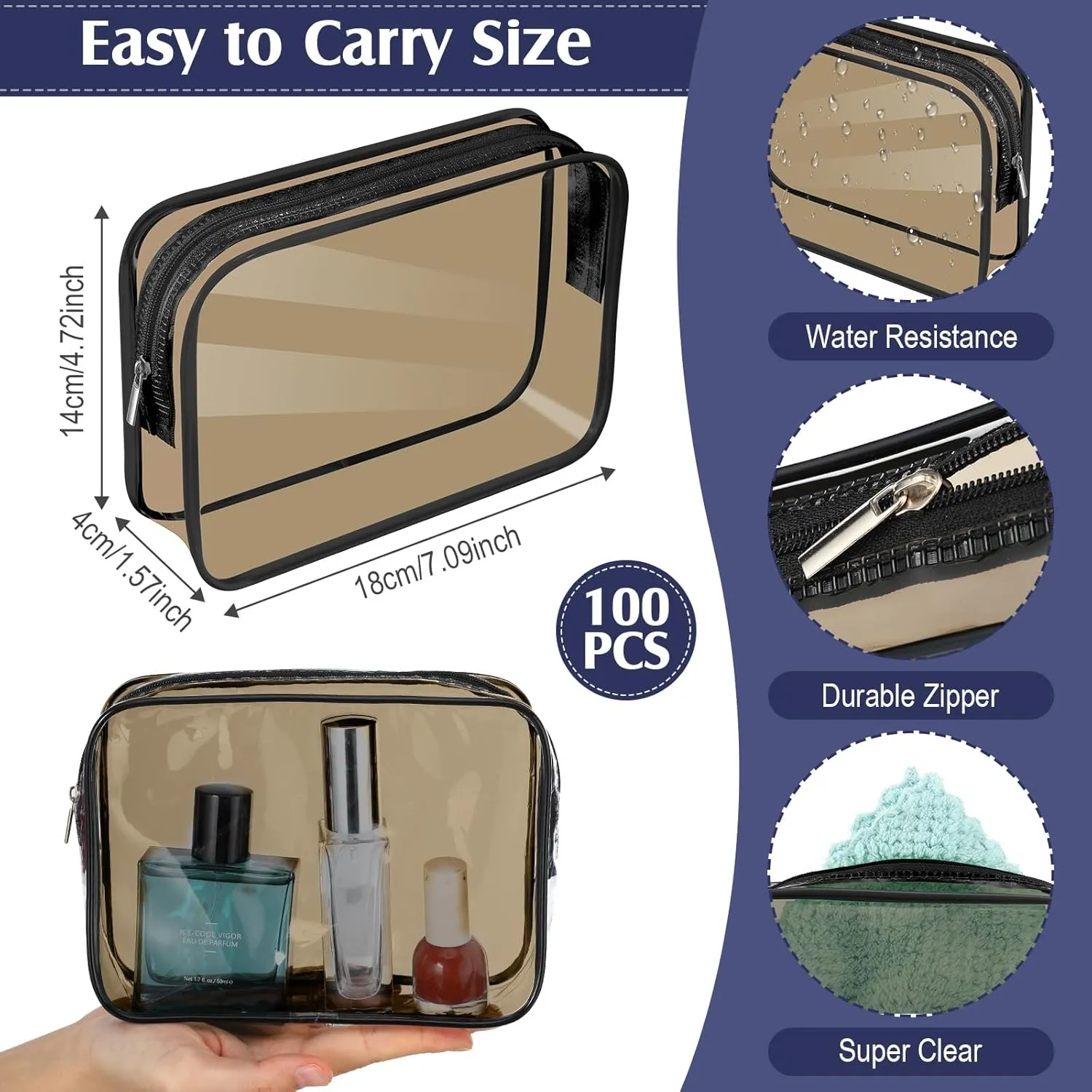 Sanwuta 100 Pcs Clear Makeup Bags Bulk Tsa Approved Toiletry Bag for Travel Transparent Cosmetic Bag PVC Waterproof Travel Small Pouches with Zipper for Men and Women(Dark Black)