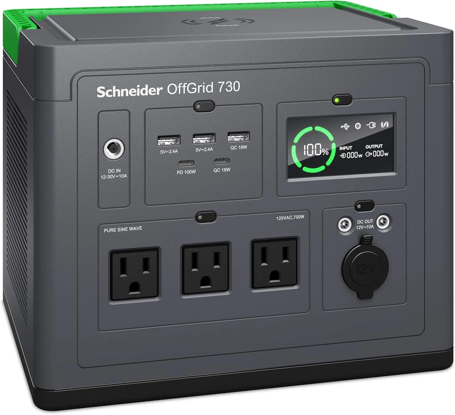Schneider OffGrid Portable Power Station 700W, PPS730, Lightweight 738Wh Solar Generator: 3 AC Outlets, Quick Charge USB-C PD Port, Wireless Charging, LED Light for Outdoor Camping, RV, Home Backup