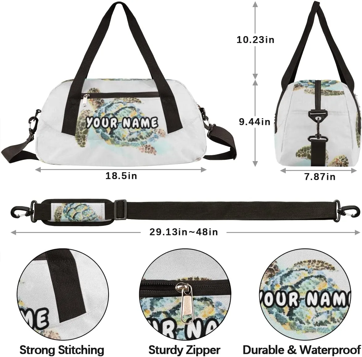 Sea Animal Turtle Personalized Kids Duffel Bag for Girls Boys, Sea Turtle Debris Custom Name Overnight Small Duffel Bag Carry On Weekend Sports Travel Bag for School Practice Gymnastics Ballet