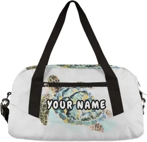 Sea Animal Turtle Personalized Kids Duffel Bag for Girls Boys, Sea Turtle Debris Custom Name Overnight Small Duffel Bag Carry On Weekend Sports Travel Bag for School Practice Gymnastics Ballet