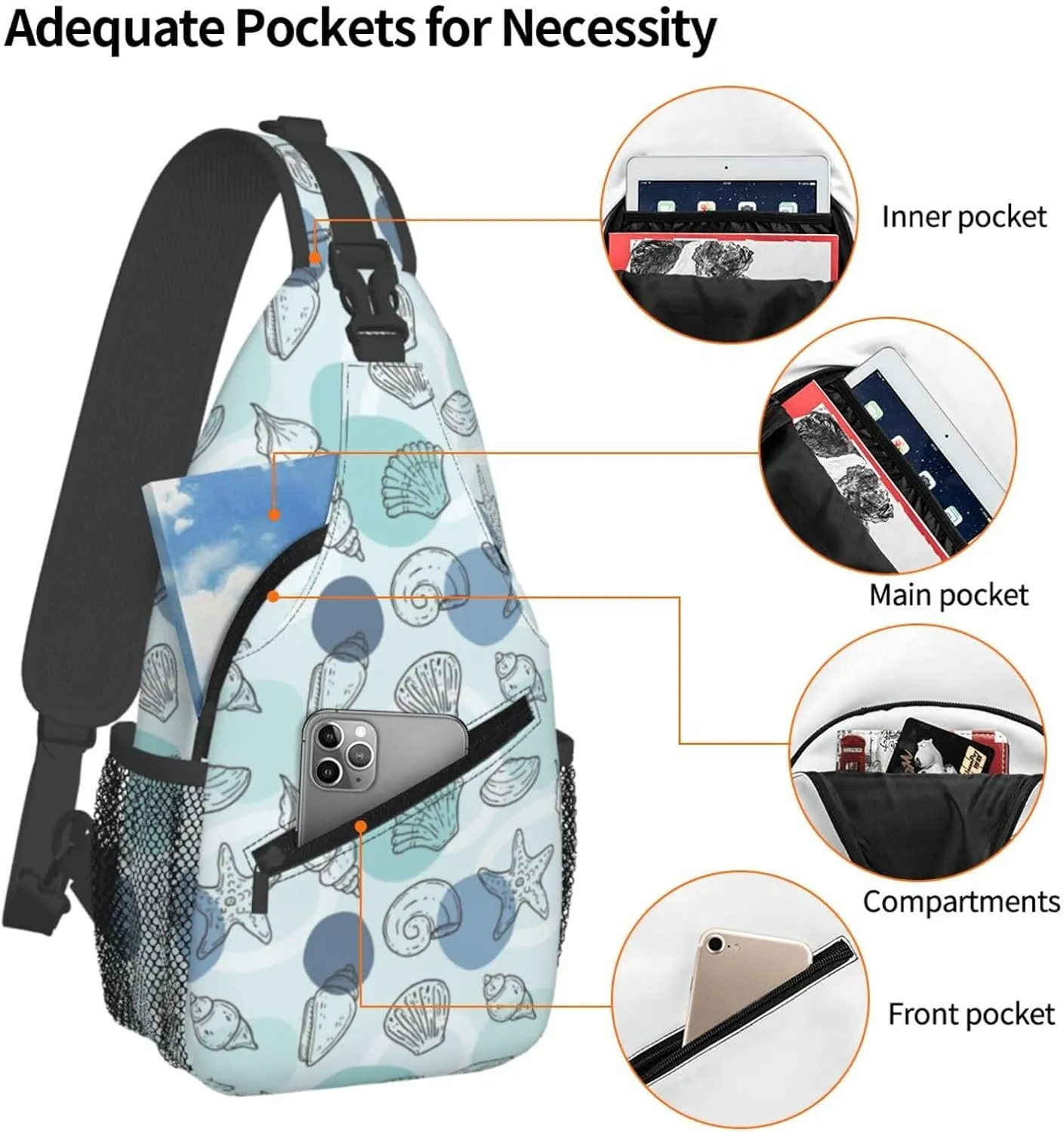 Sea Shells Crossbody Sling Backpack Sling Bag Adjustable Chest Shoulder Daypack For Women Men