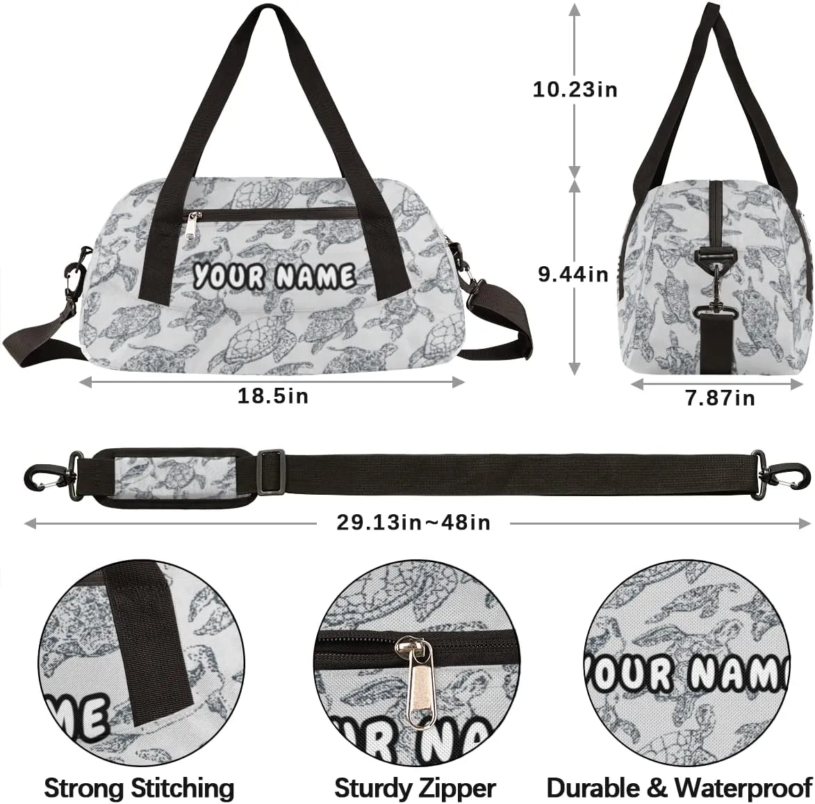 Sea Turtles Pattern Personalized Kids Duffel Bag for Girls Boys, Sea Turtles Debris Custom Name Dance Bag Overnight Small Duffel Bag Carry On Sports Travel Bag for School Practice Gymnastics Ballet