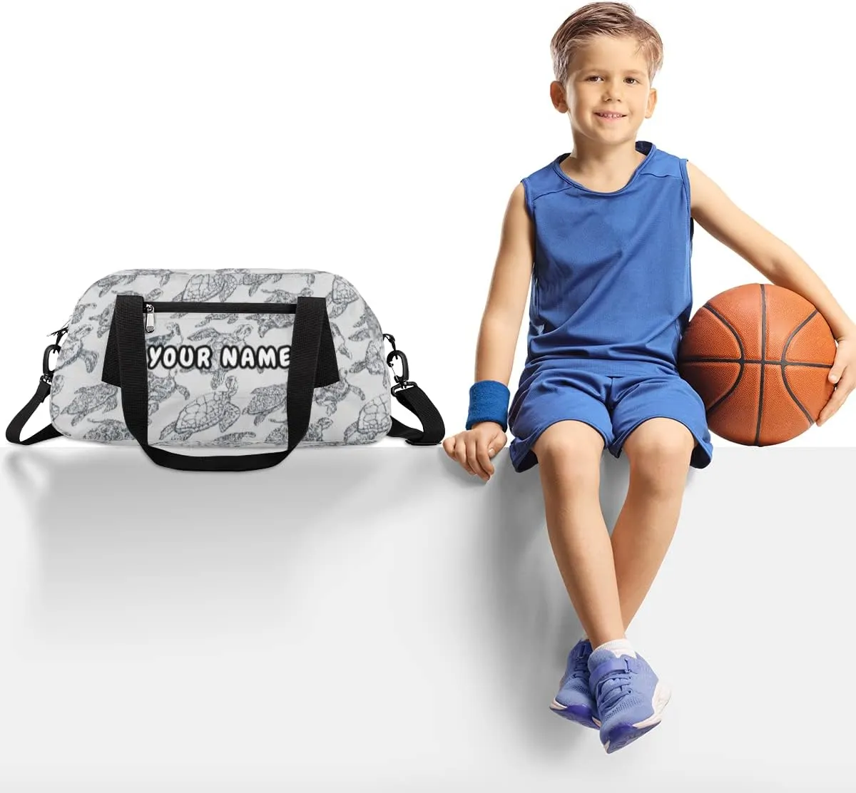 Sea Turtles Pattern Personalized Kids Duffel Bag for Girls Boys, Sea Turtles Debris Custom Name Dance Bag Overnight Small Duffel Bag Carry On Sports Travel Bag for School Practice Gymnastics Ballet