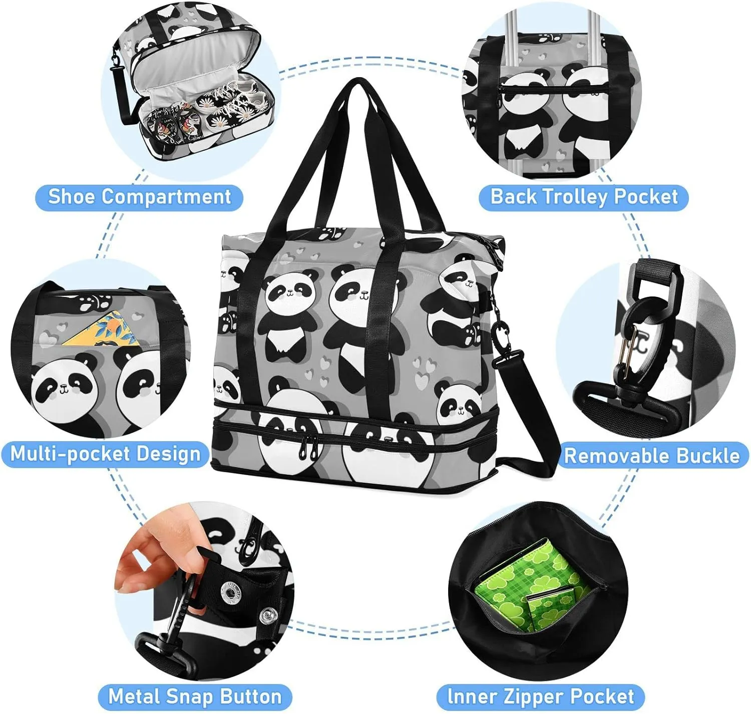 Seamless Black White Cute Panda with Hearts on Grey Gym Duffel Bag, Polyester Travel Weekender Luggage Handbag with Waterproof Pocket for Wet Items, Unisex Foldable Tote for Sports