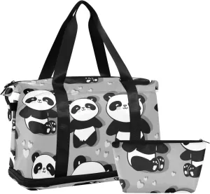 Seamless Black White Cute Panda with Hearts on Grey Gym Duffel Bag, Polyester Travel Weekender Luggage Handbag with Waterproof Pocket for Wet Items, Unisex Foldable Tote for Sports