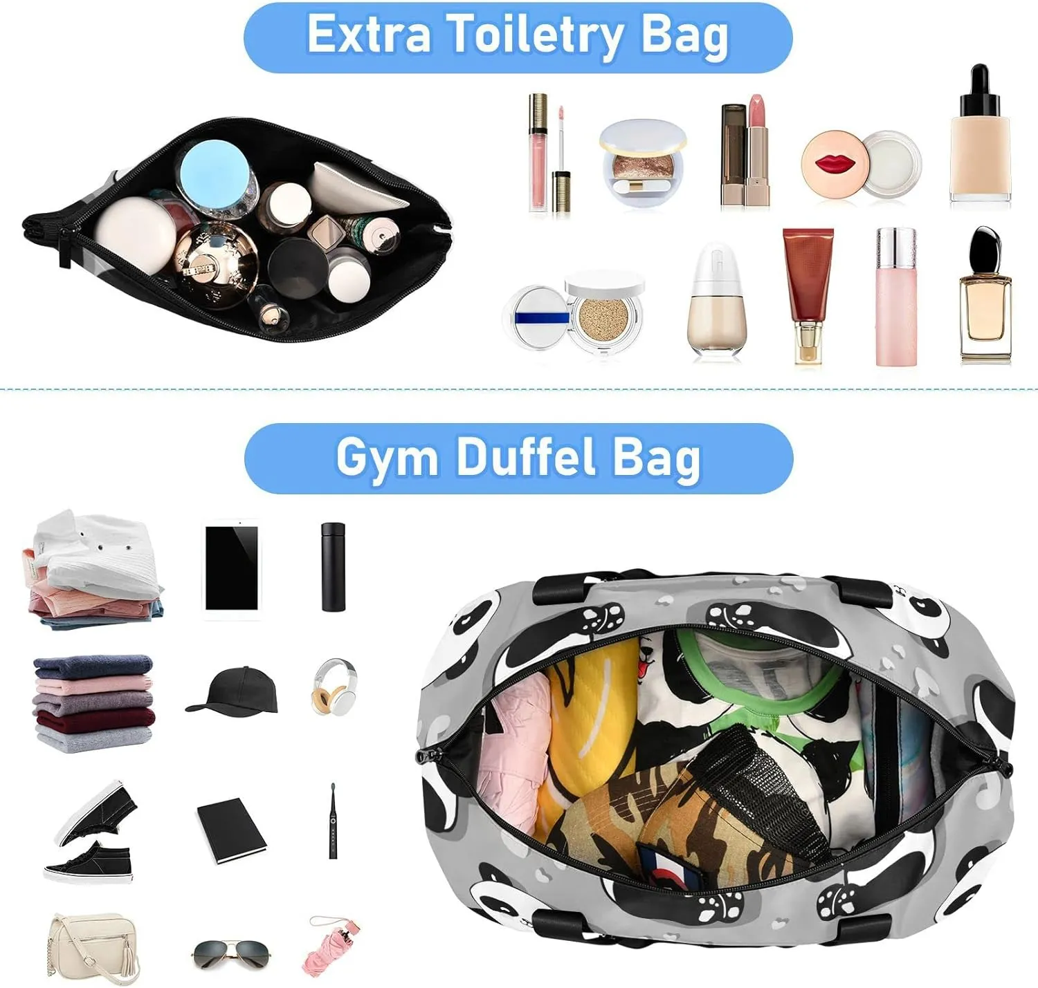 Seamless Black White Cute Panda with Hearts on Grey Gym Duffel Bag, Polyester Travel Weekender Luggage Handbag with Waterproof Pocket for Wet Items, Unisex Foldable Tote for Sports