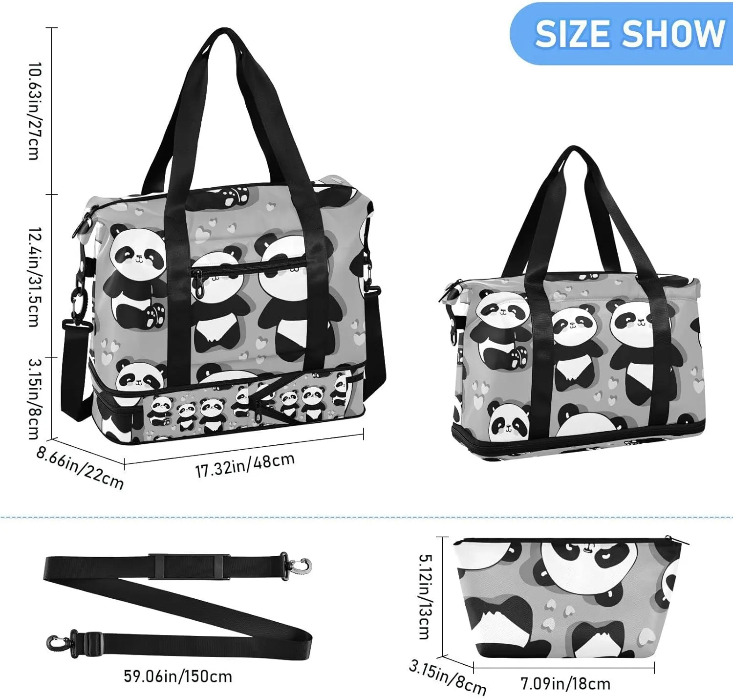 Seamless Black White Cute Panda with Hearts on Grey Gym Duffel Bag, Polyester Travel Weekender Luggage Handbag with Waterproof Pocket for Wet Items, Unisex Foldable Tote for Sports