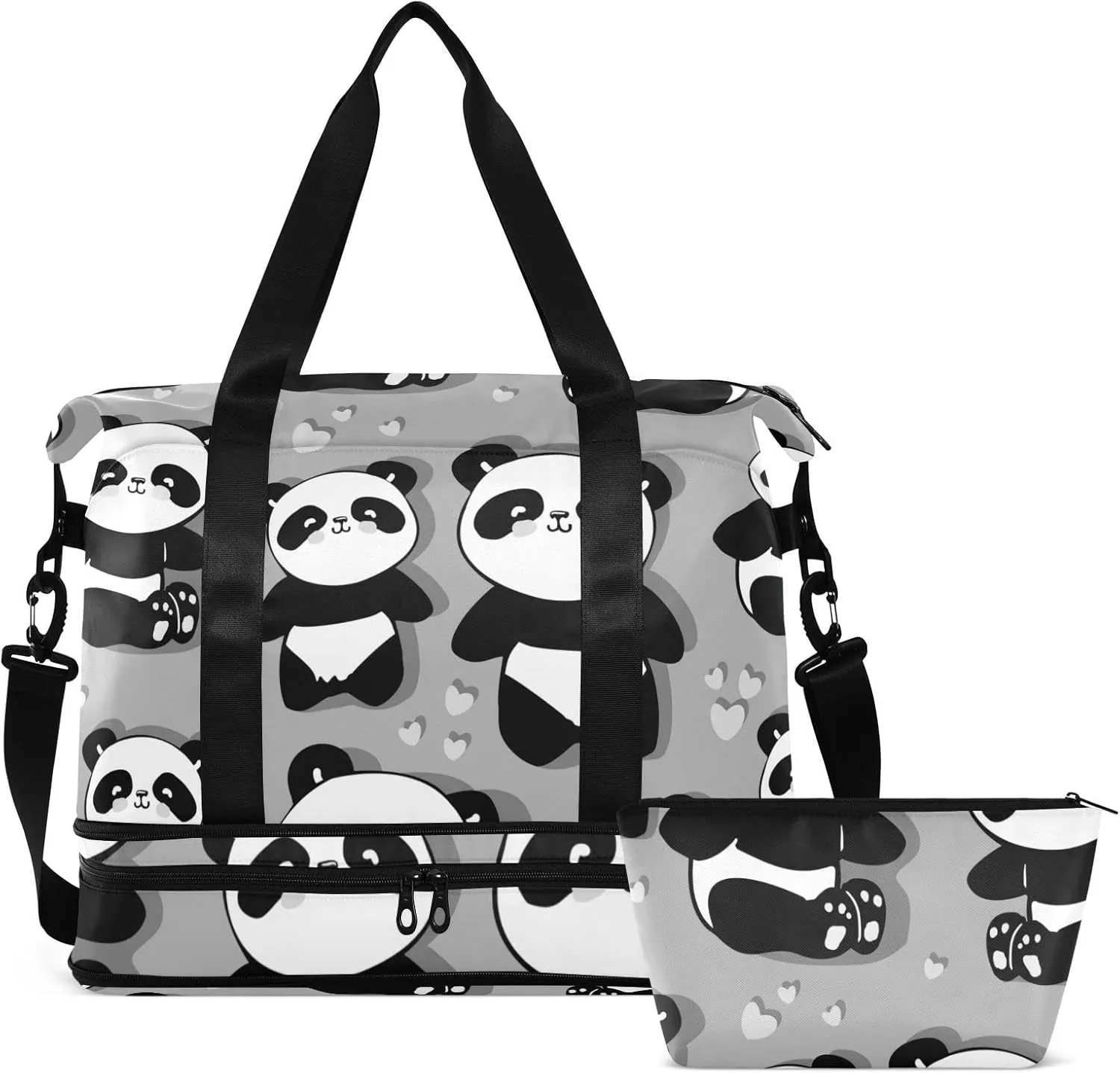 Seamless Black White Cute Panda with Hearts on Grey Gym Duffel Bag, Polyester Travel Weekender Luggage Handbag with Waterproof Pocket for Wet Items, Unisex Foldable Tote for Sports