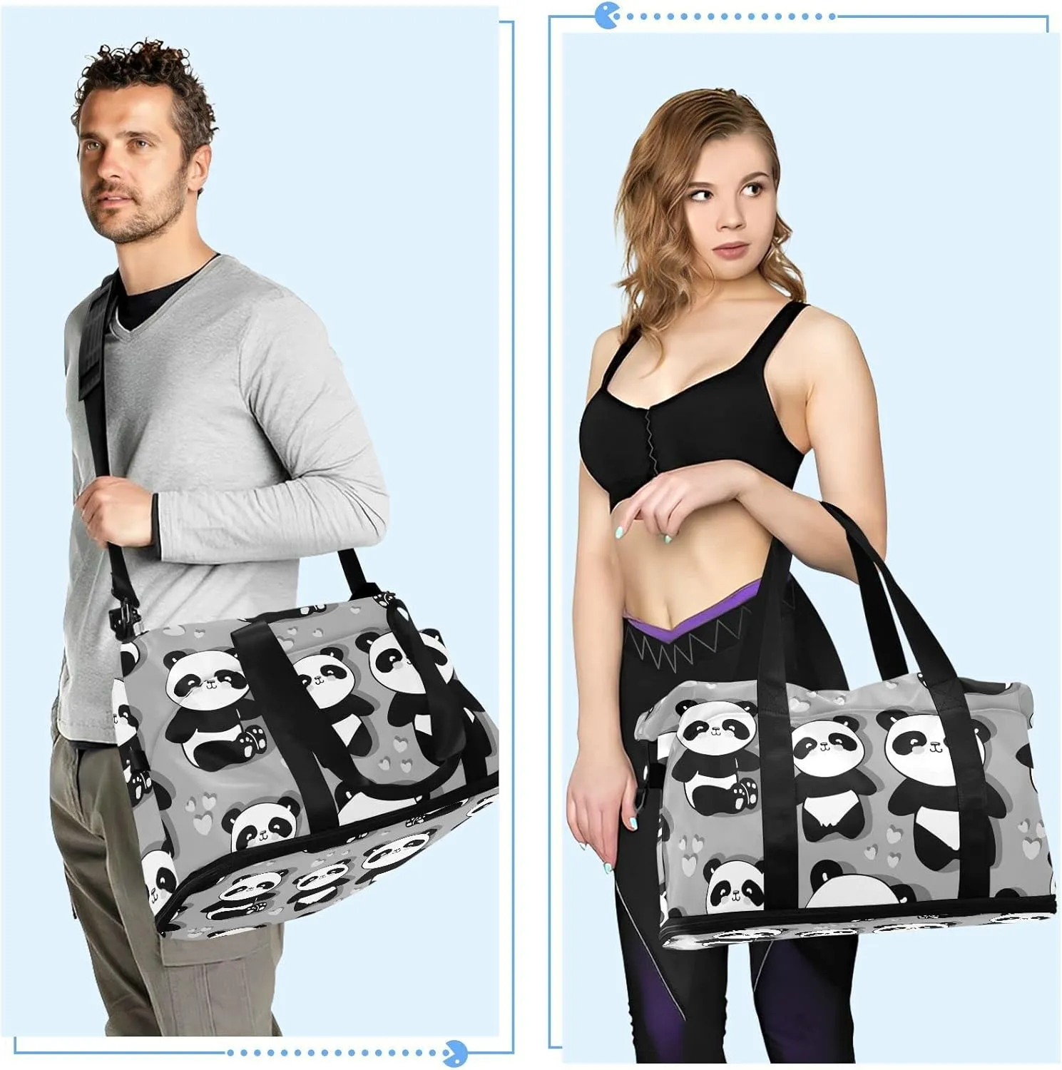 Seamless Black White Cute Panda with Hearts on Grey Gym Duffel Bag, Polyester Travel Weekender Luggage Handbag with Waterproof Pocket for Wet Items, Unisex Foldable Tote for Sports