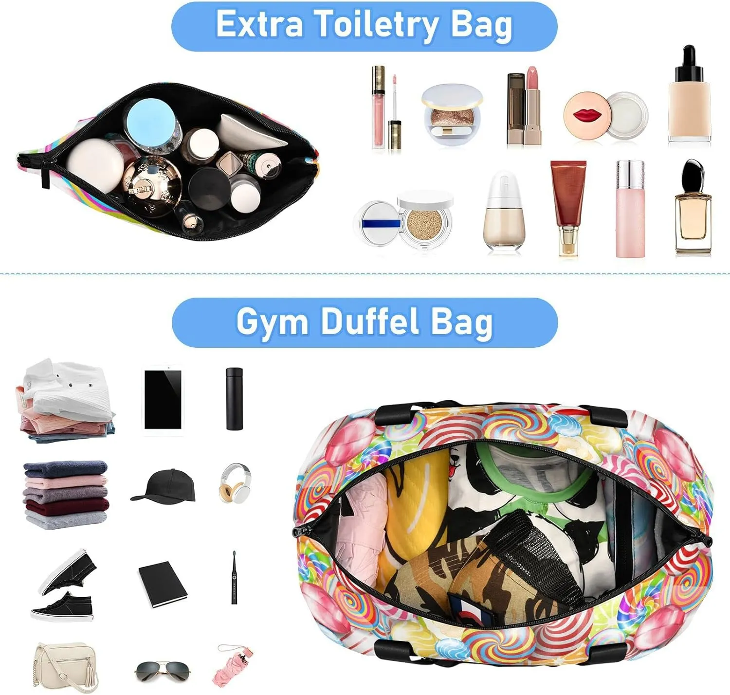 Seamless Colorful Lollipops Sweets Candies Gym Duffel Bag, Polyester Travel Weekender Luggage Handbag with Waterproof Pocket for Wet Items, Unisex Foldable Tote for Sports