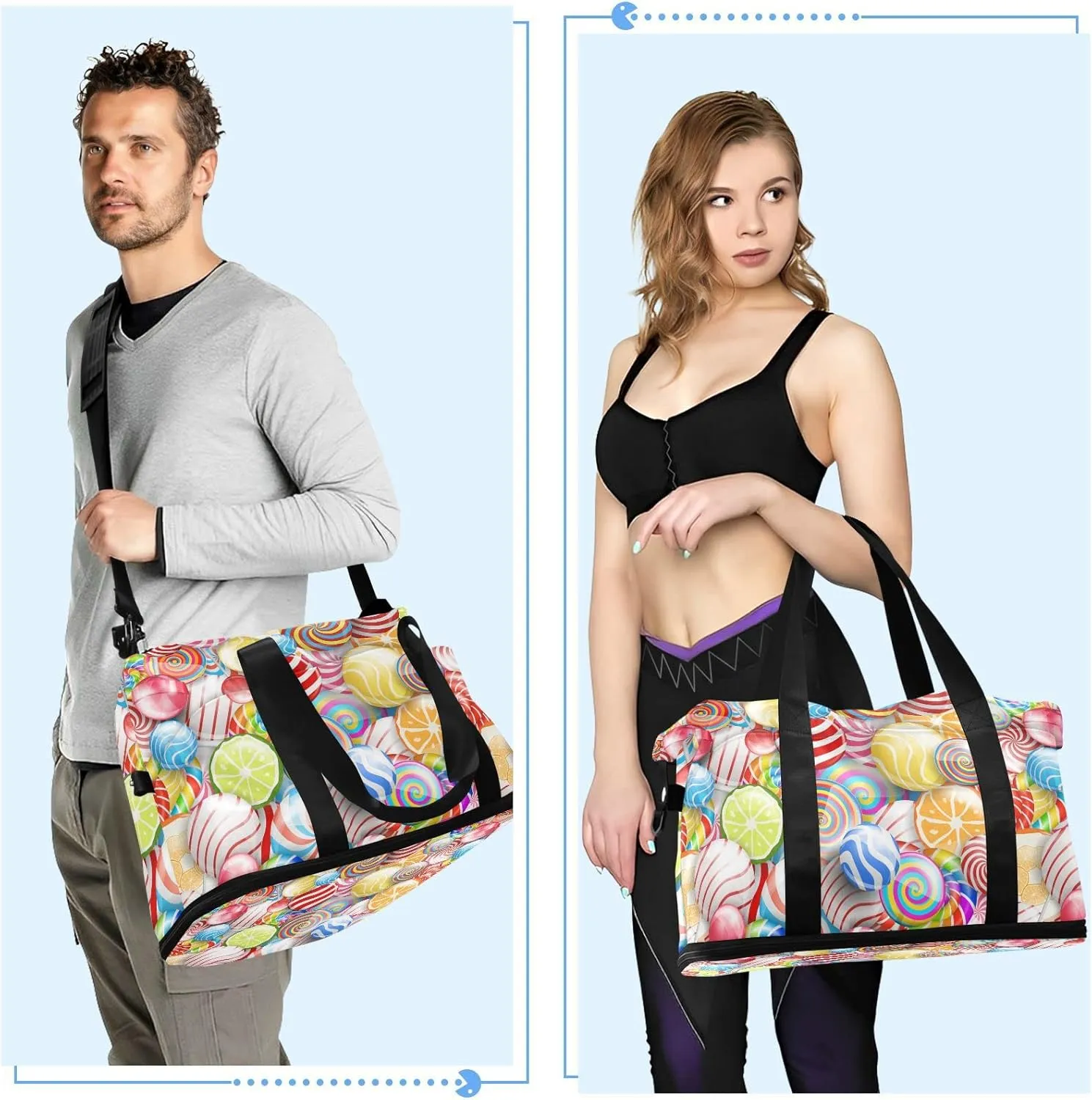 Seamless Colorful Lollipops Sweets Candies Gym Duffel Bag, Polyester Travel Weekender Luggage Handbag with Waterproof Pocket for Wet Items, Unisex Foldable Tote for Sports