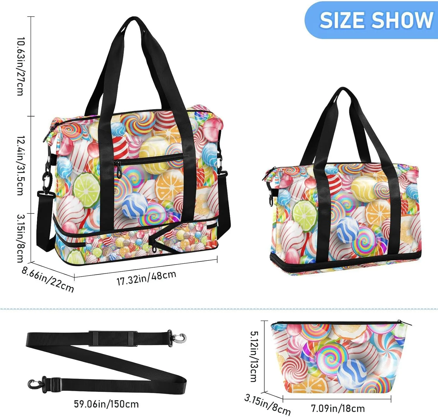 Seamless Colorful Lollipops Sweets Candies Gym Duffel Bag, Polyester Travel Weekender Luggage Handbag with Waterproof Pocket for Wet Items, Unisex Foldable Tote for Sports