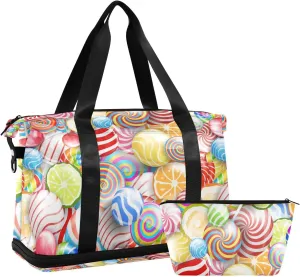 Seamless Colorful Lollipops Sweets Candies Gym Duffel Bag, Polyester Travel Weekender Luggage Handbag with Waterproof Pocket for Wet Items, Unisex Foldable Tote for Sports