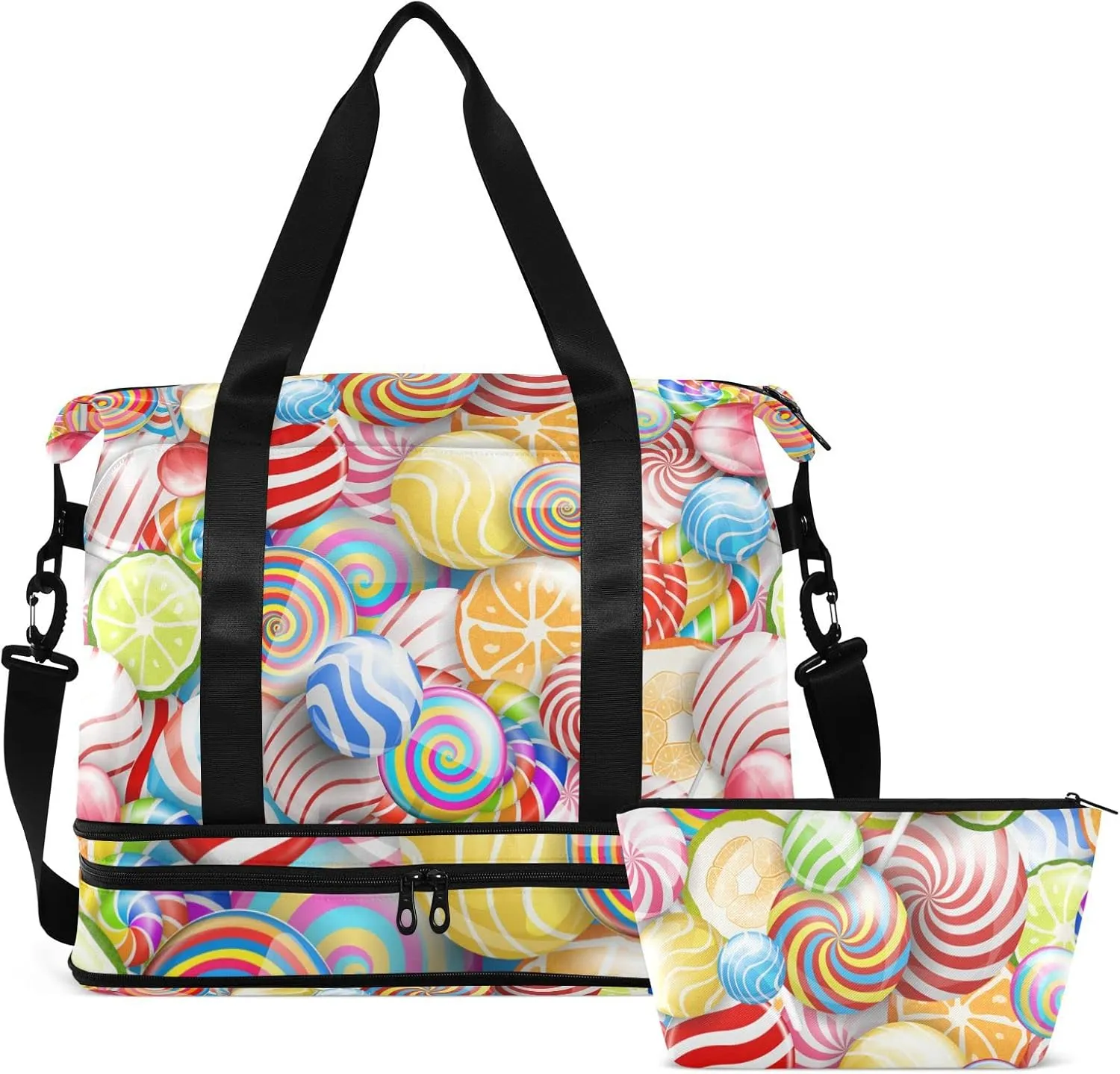 Seamless Colorful Lollipops Sweets Candies Gym Duffel Bag, Polyester Travel Weekender Luggage Handbag with Waterproof Pocket for Wet Items, Unisex Foldable Tote for Sports
