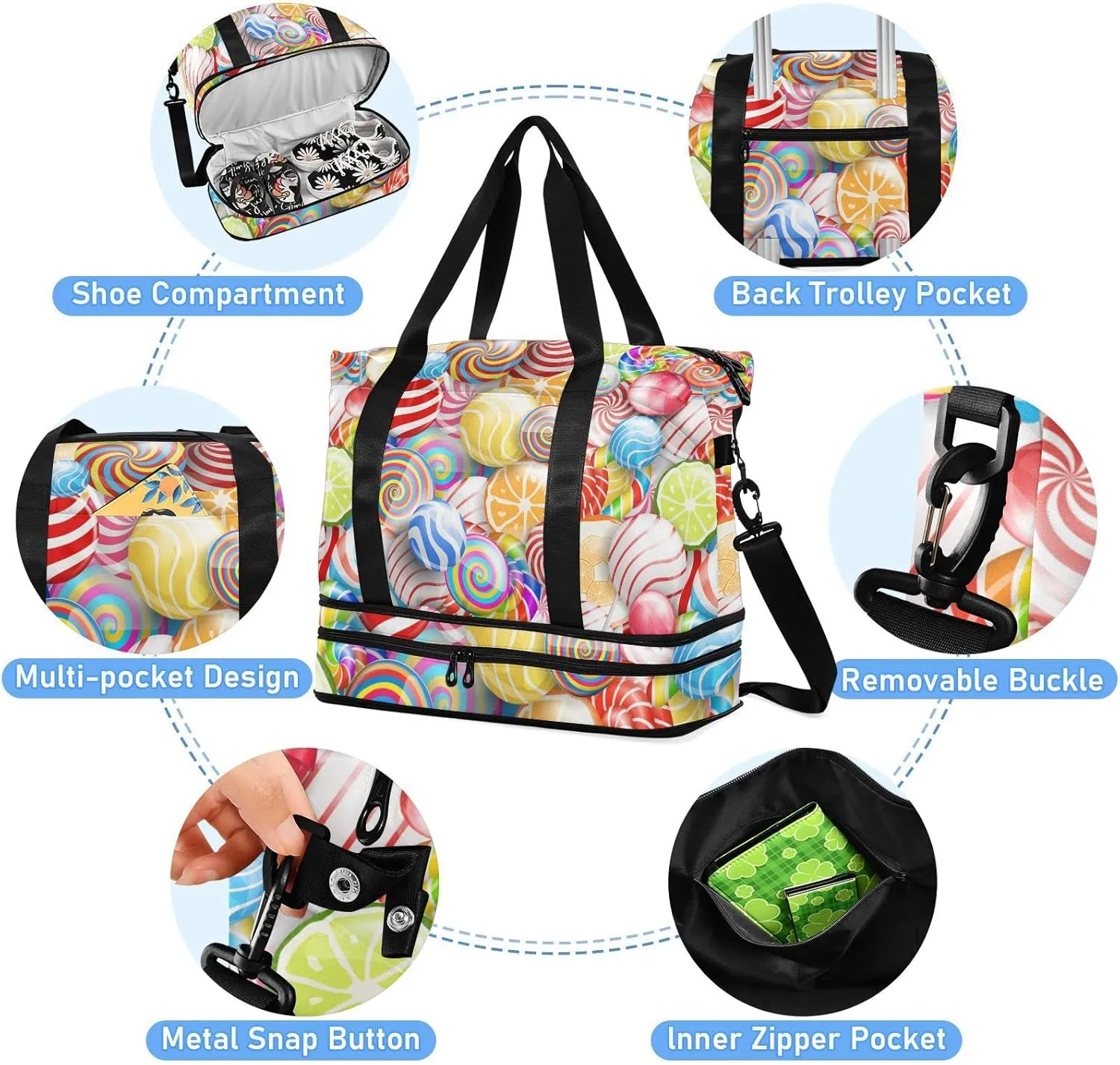 Seamless Colorful Lollipops Sweets Candies Gym Duffel Bag, Polyester Travel Weekender Luggage Handbag with Waterproof Pocket for Wet Items, Unisex Foldable Tote for Sports