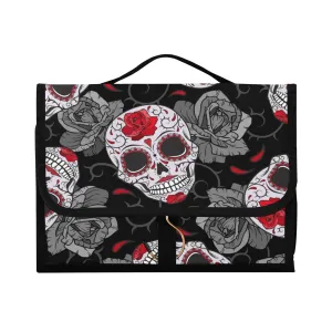 Seamless Gothic Sugar Skulls with Red Roses, Grey Roses Thorns 1 PC Hanging Toiletry Wash bag Portable Makeup Organizer Brush Storage Case Portable Travel Cosmetic with Hook