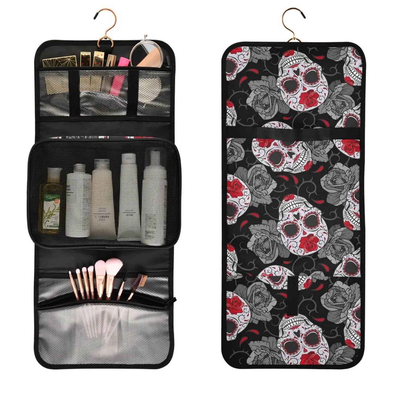 Seamless Gothic Sugar Skulls with Red Roses, Grey Roses Thorns 1 PC Hanging Toiletry Wash bag Portable Makeup Organizer Brush Storage Case Portable Travel Cosmetic with Hook