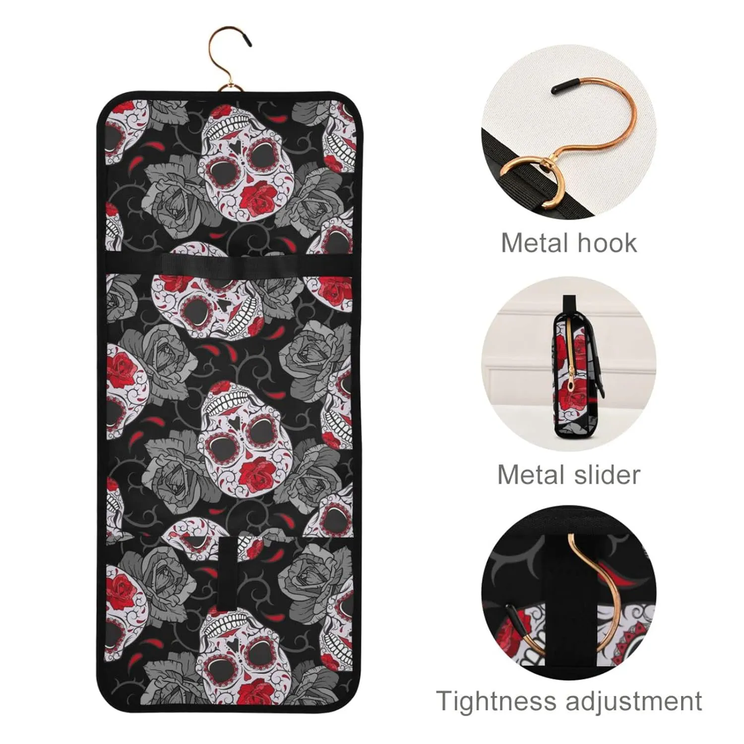 Seamless Gothic Sugar Skulls with Red Roses, Grey Roses Thorns 1 PC Hanging Toiletry Wash bag Portable Makeup Organizer Brush Storage Case Portable Travel Cosmetic with Hook