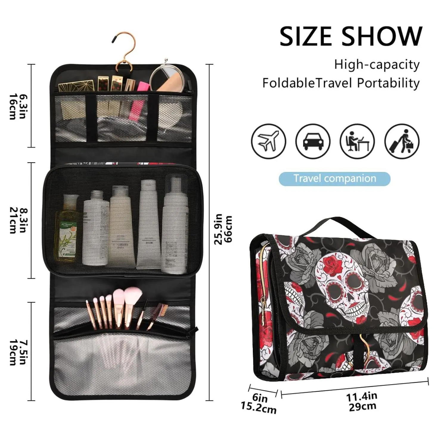 Seamless Gothic Sugar Skulls with Red Roses, Grey Roses Thorns 1 PC Hanging Toiletry Wash bag Portable Makeup Organizer Brush Storage Case Portable Travel Cosmetic with Hook
