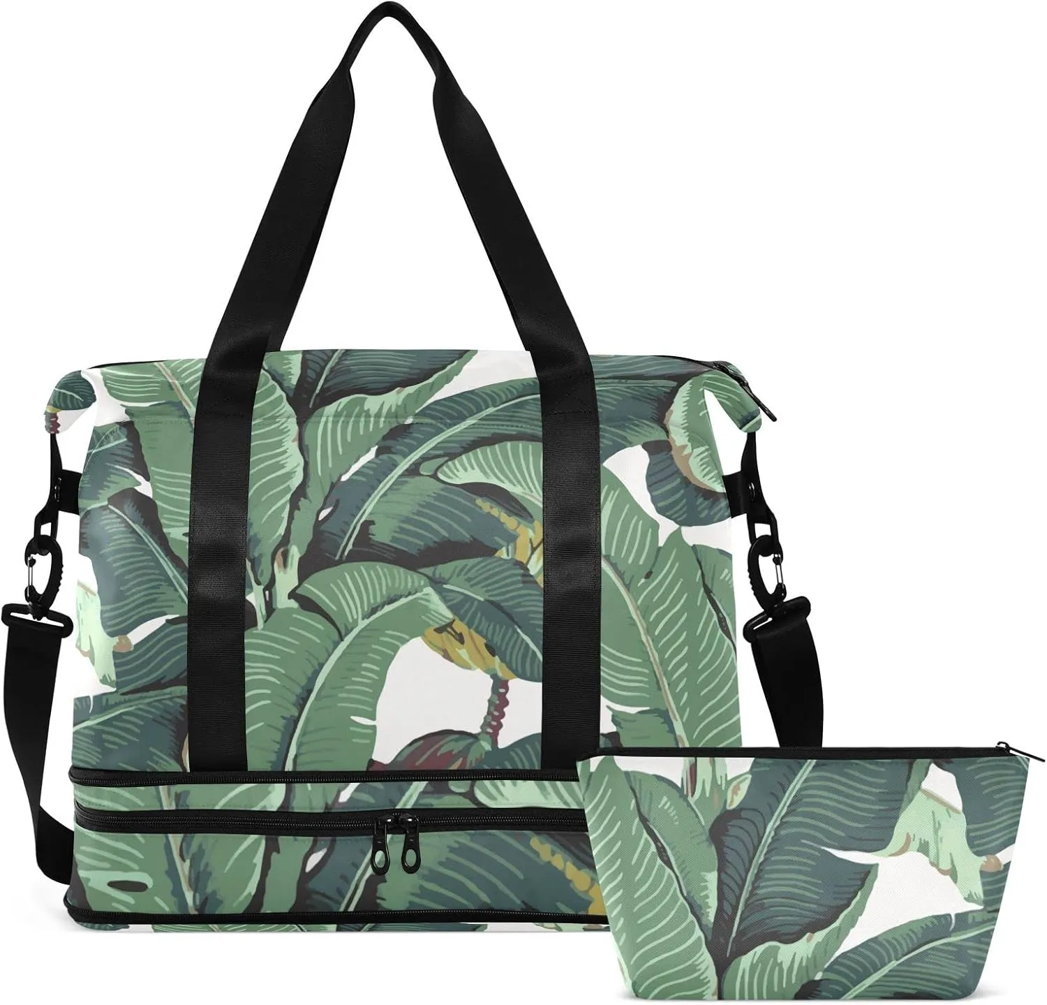 Seamless Old Green Hotel Banana Leaves on White Pattern Gym Duffel Bag, Polyester Travel Weekender Luggage Handbag with Waterproof Pocket for Wet Items, Unisex Foldable Tote for Sports