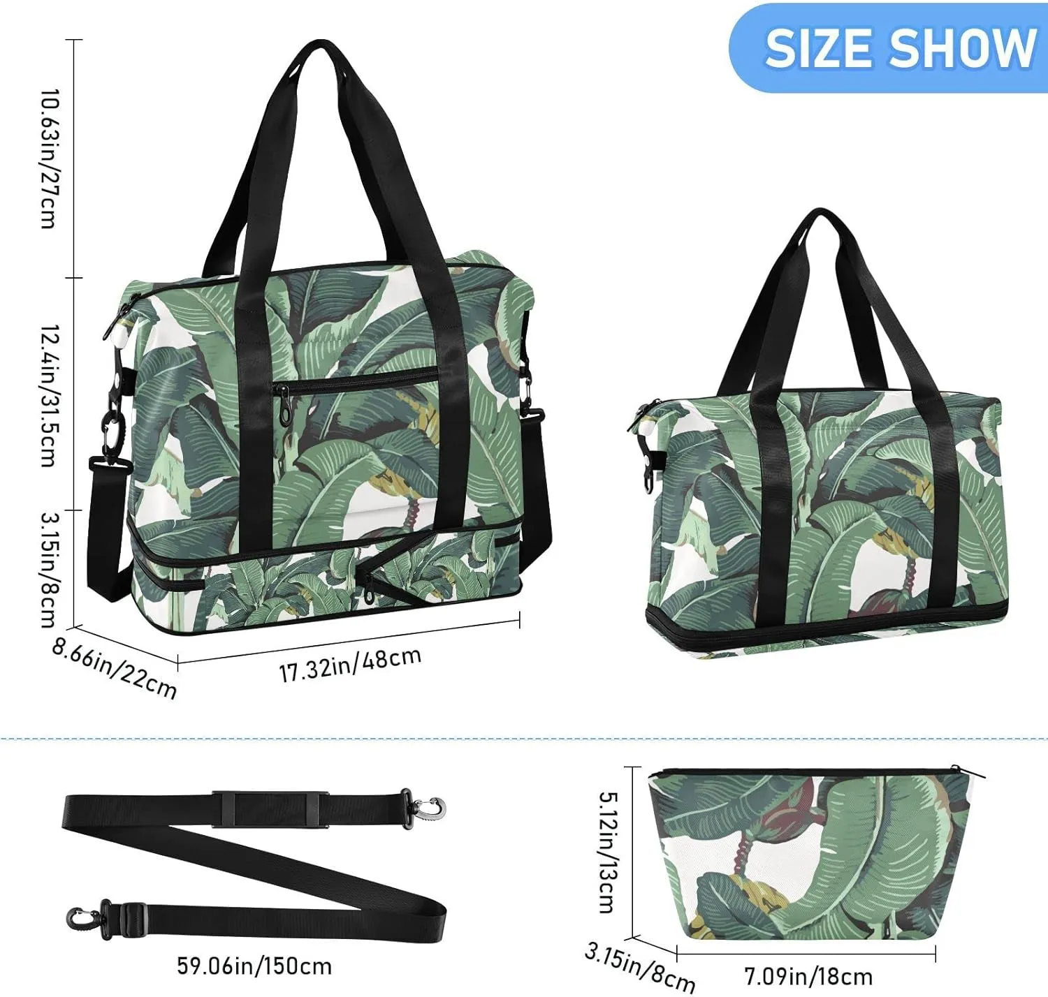 Seamless Old Green Hotel Banana Leaves on White Pattern Gym Duffel Bag, Polyester Travel Weekender Luggage Handbag with Waterproof Pocket for Wet Items, Unisex Foldable Tote for Sports