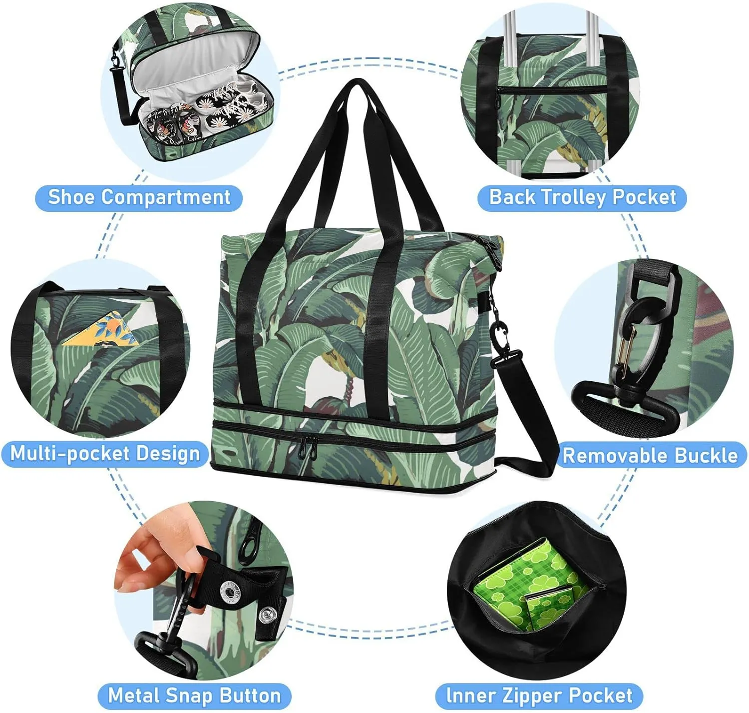 Seamless Old Green Hotel Banana Leaves on White Pattern Gym Duffel Bag, Polyester Travel Weekender Luggage Handbag with Waterproof Pocket for Wet Items, Unisex Foldable Tote for Sports