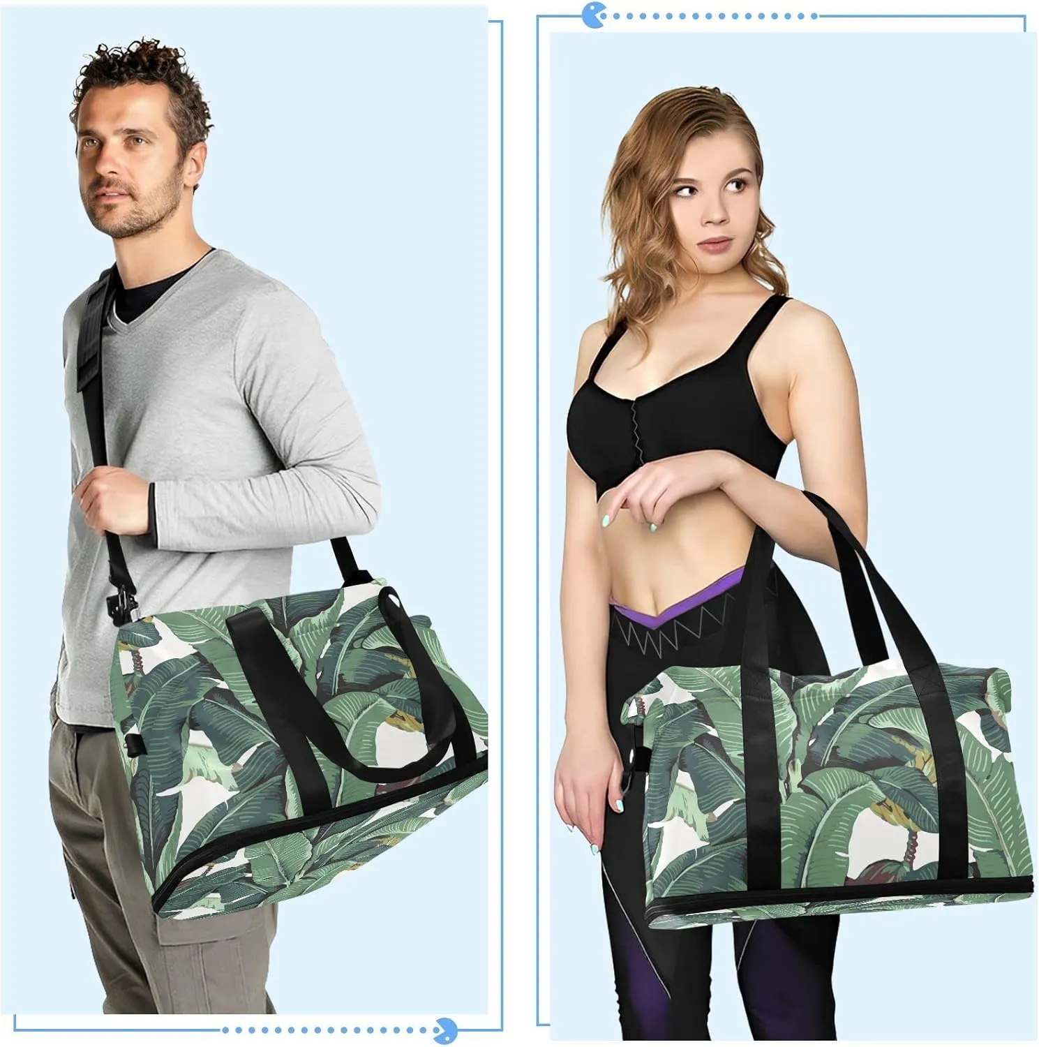 Seamless Old Green Hotel Banana Leaves on White Pattern Gym Duffel Bag, Polyester Travel Weekender Luggage Handbag with Waterproof Pocket for Wet Items, Unisex Foldable Tote for Sports