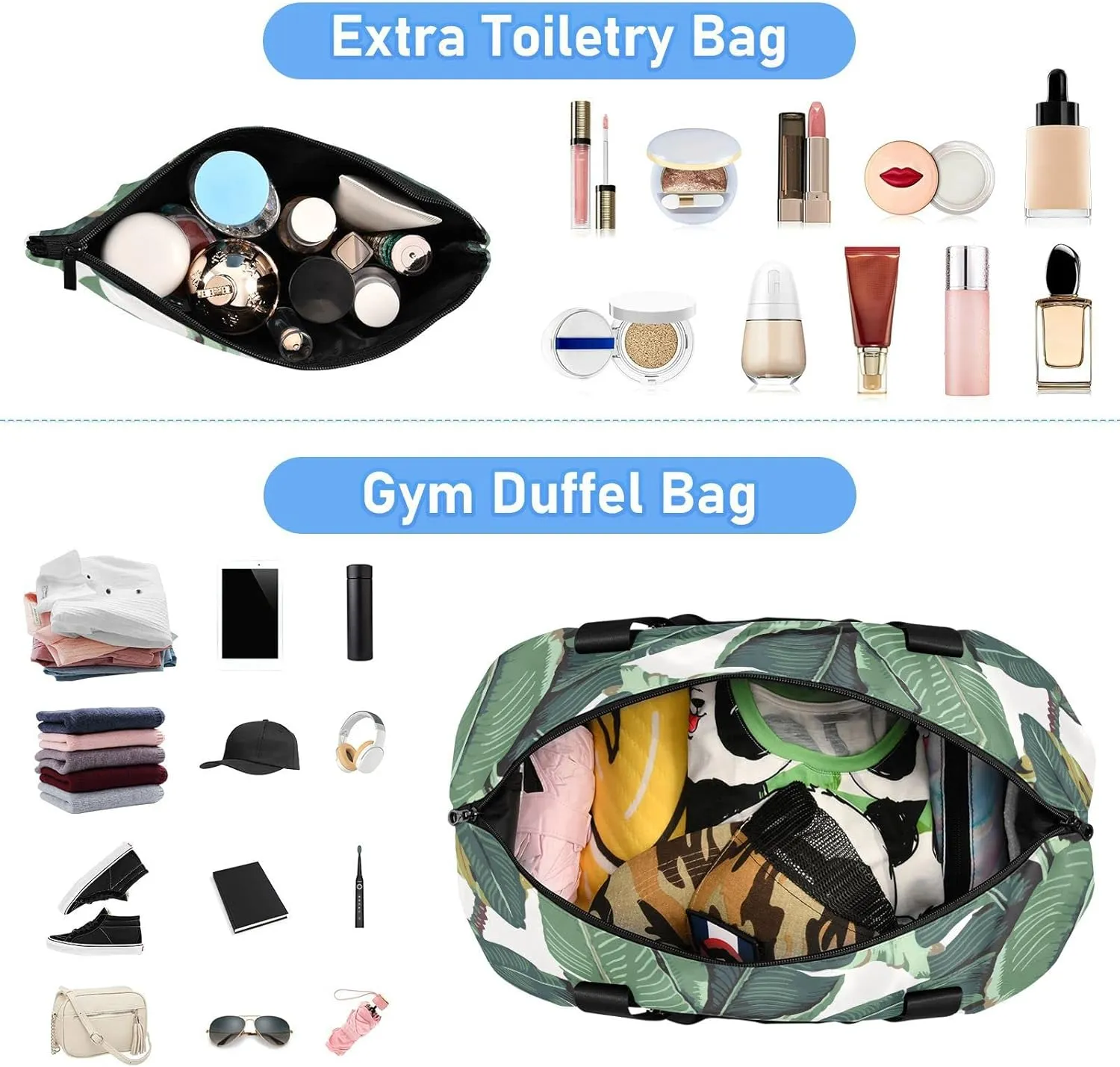 Seamless Old Green Hotel Banana Leaves on White Pattern Gym Duffel Bag, Polyester Travel Weekender Luggage Handbag with Waterproof Pocket for Wet Items, Unisex Foldable Tote for Sports