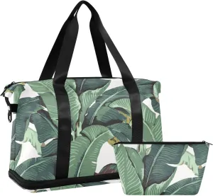 Seamless Old Green Hotel Banana Leaves on White Pattern Gym Duffel Bag, Polyester Travel Weekender Luggage Handbag with Waterproof Pocket for Wet Items, Unisex Foldable Tote for Sports