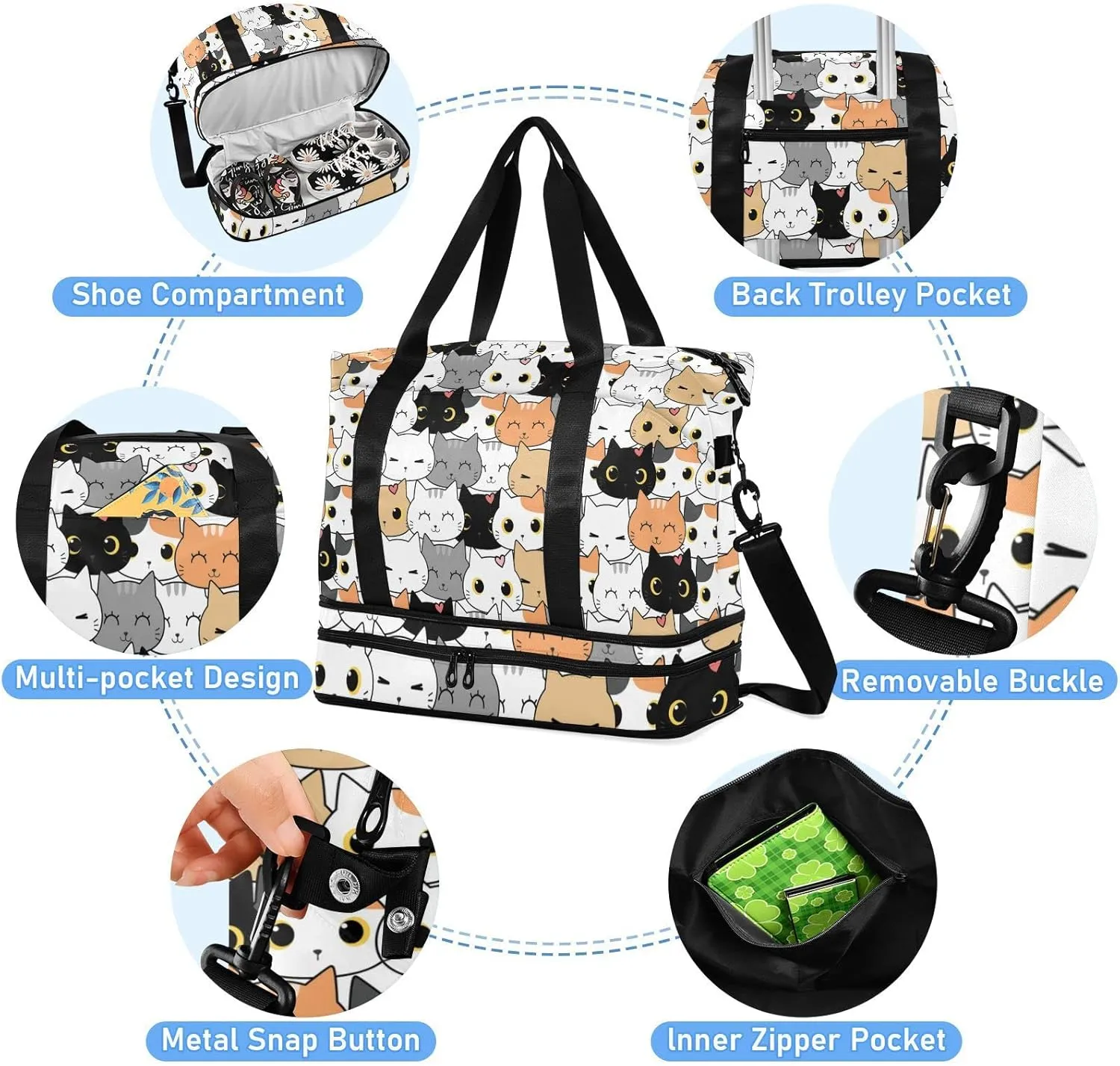 Seamless Orange Black White Grey Doodle Cat Kitten Heads Texture Gym Duffel Bag, Polyester Travel Weekender Luggage Handbag with Waterproof Pocket for Wet Items, Unisex Foldable Tote for Sports