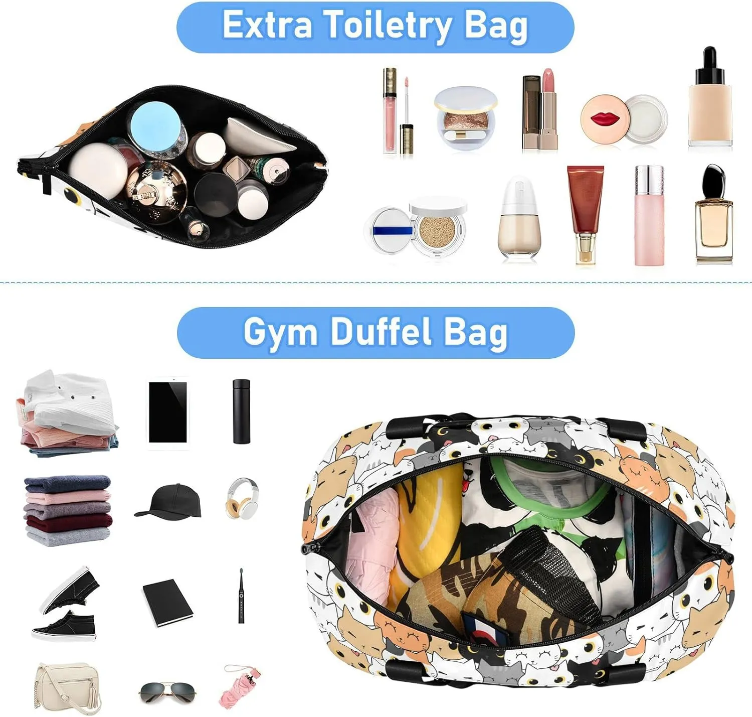 Seamless Orange Black White Grey Doodle Cat Kitten Heads Texture Gym Duffel Bag, Polyester Travel Weekender Luggage Handbag with Waterproof Pocket for Wet Items, Unisex Foldable Tote for Sports