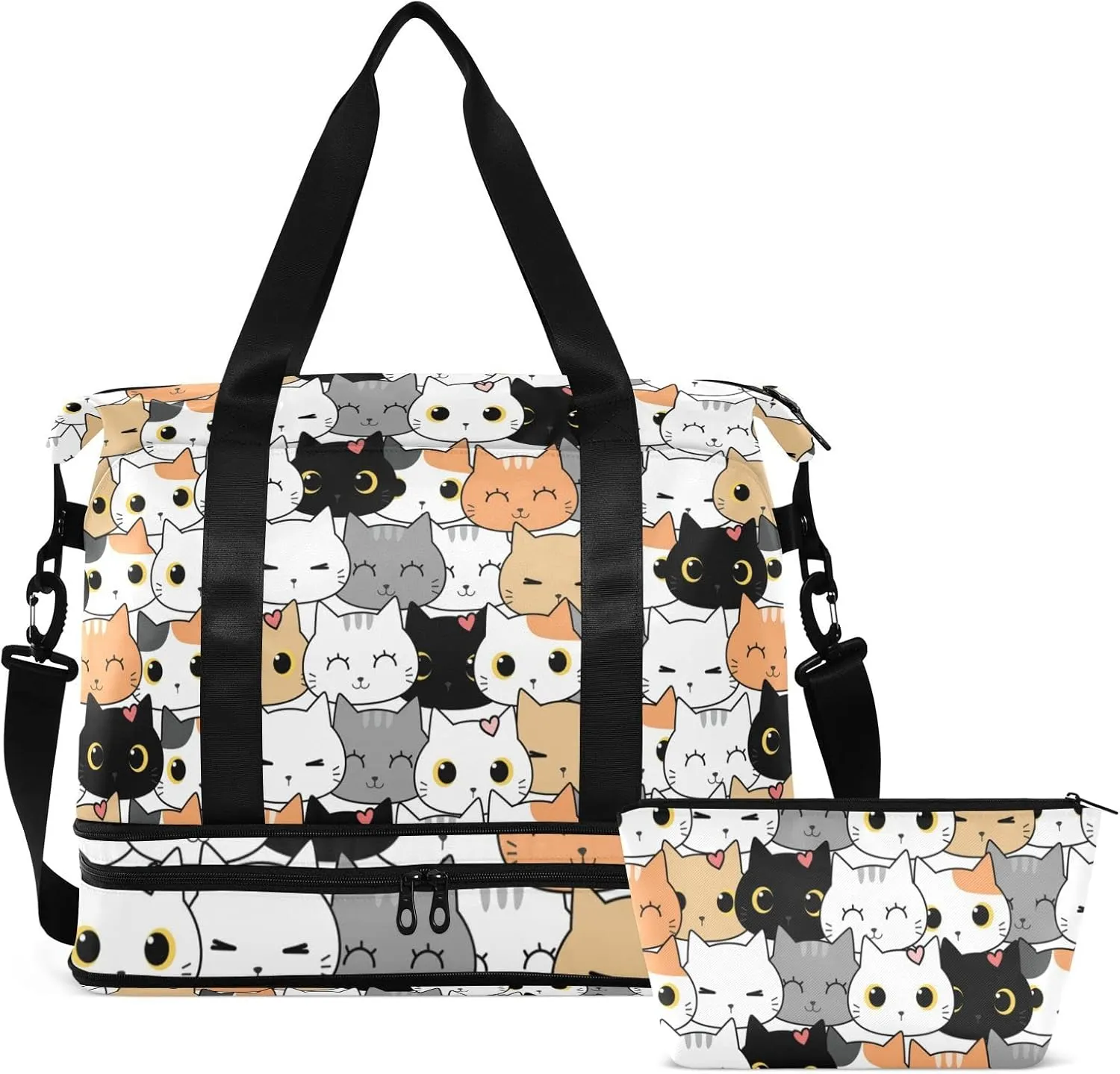 Seamless Orange Black White Grey Doodle Cat Kitten Heads Texture Gym Duffel Bag, Polyester Travel Weekender Luggage Handbag with Waterproof Pocket for Wet Items, Unisex Foldable Tote for Sports