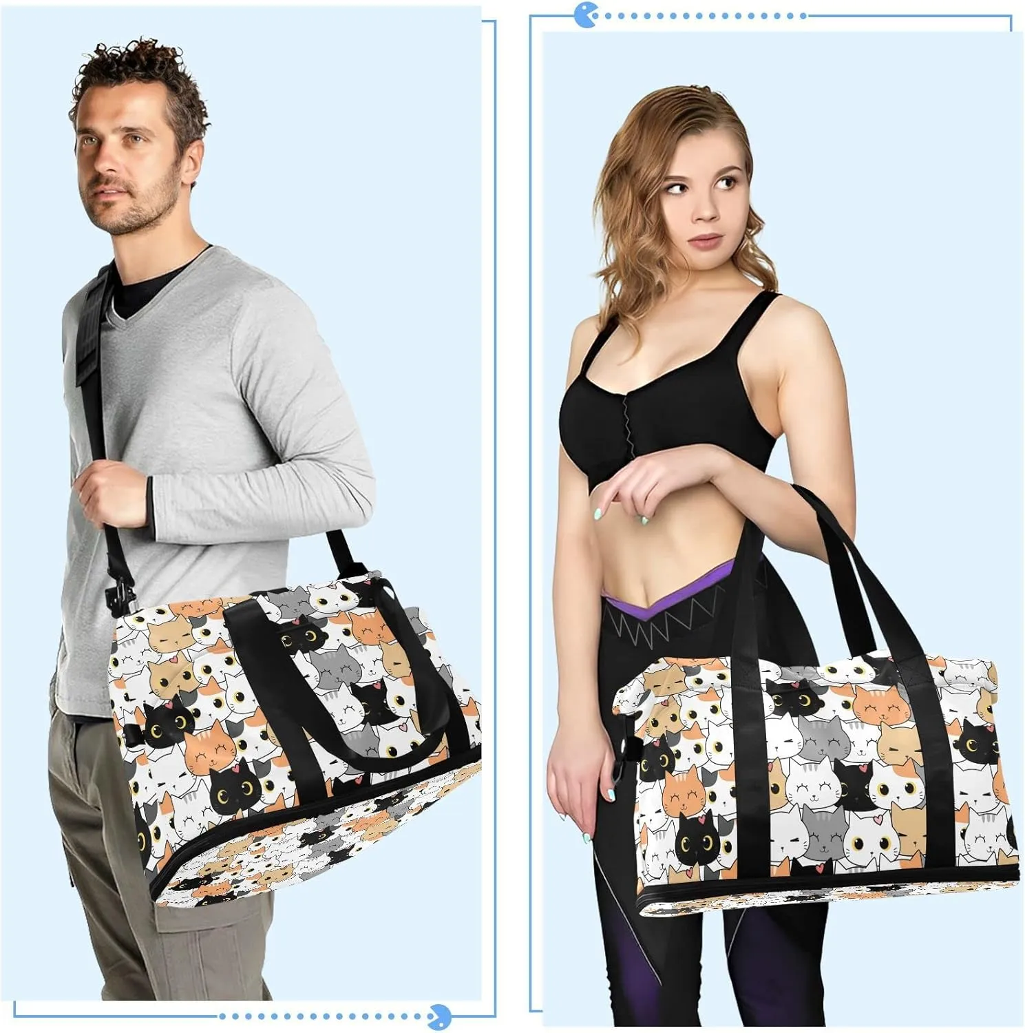 Seamless Orange Black White Grey Doodle Cat Kitten Heads Texture Gym Duffel Bag, Polyester Travel Weekender Luggage Handbag with Waterproof Pocket for Wet Items, Unisex Foldable Tote for Sports