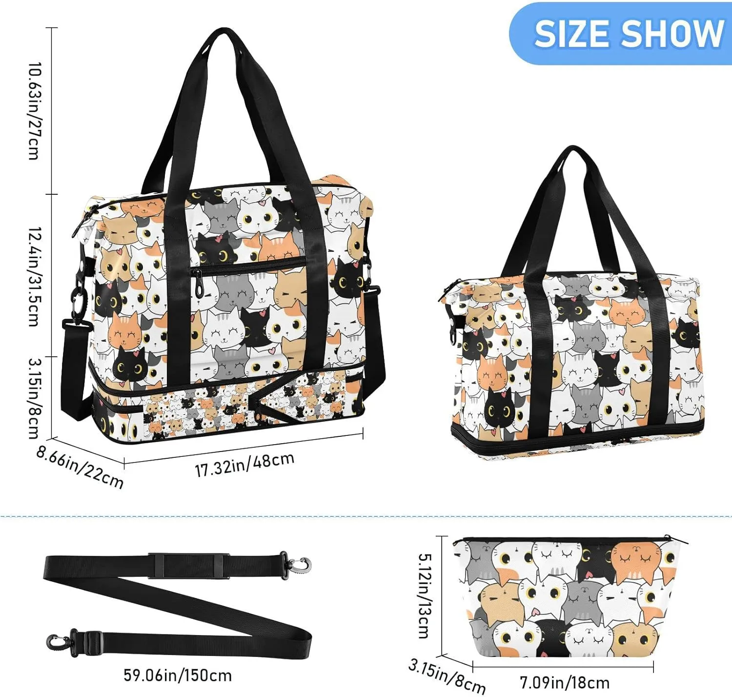 Seamless Orange Black White Grey Doodle Cat Kitten Heads Texture Gym Duffel Bag, Polyester Travel Weekender Luggage Handbag with Waterproof Pocket for Wet Items, Unisex Foldable Tote for Sports