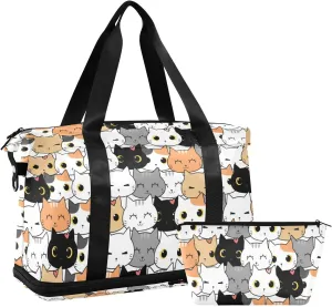Seamless Orange Black White Grey Doodle Cat Kitten Heads Texture Gym Duffel Bag, Polyester Travel Weekender Luggage Handbag with Waterproof Pocket for Wet Items, Unisex Foldable Tote for Sports