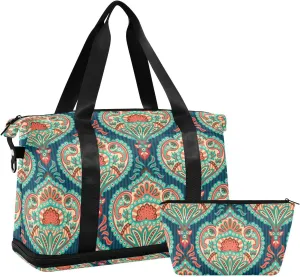Seamless Oriental Retro Vintage Floral Flowers pattern Gym Duffel Bag, Polyester Travel Weekender Luggage Handbag with Waterproof Pocket for Wet Items, Unisex Foldable Tote for Sports