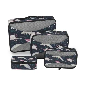 Seamless Pink White Swimming Axolotls, Blue Algae Leaves on Dark4 Set Packing Cubes, 600D Oxford Cloth Toiletry Bag, Travel Packing Organizers