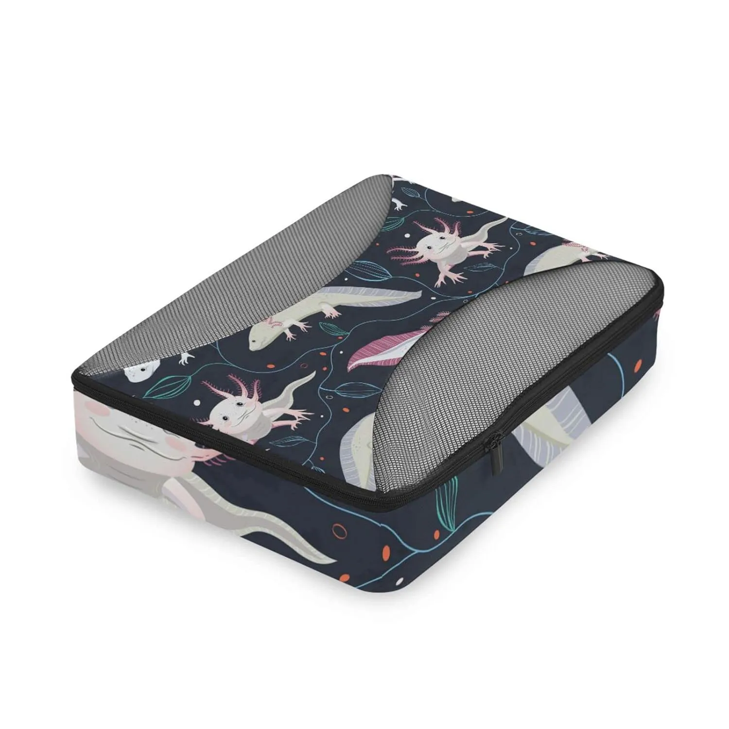 Seamless Pink White Swimming Axolotls, Blue Algae Leaves on Dark4 Set Packing Cubes, 600D Oxford Cloth Toiletry Bag, Travel Packing Organizers