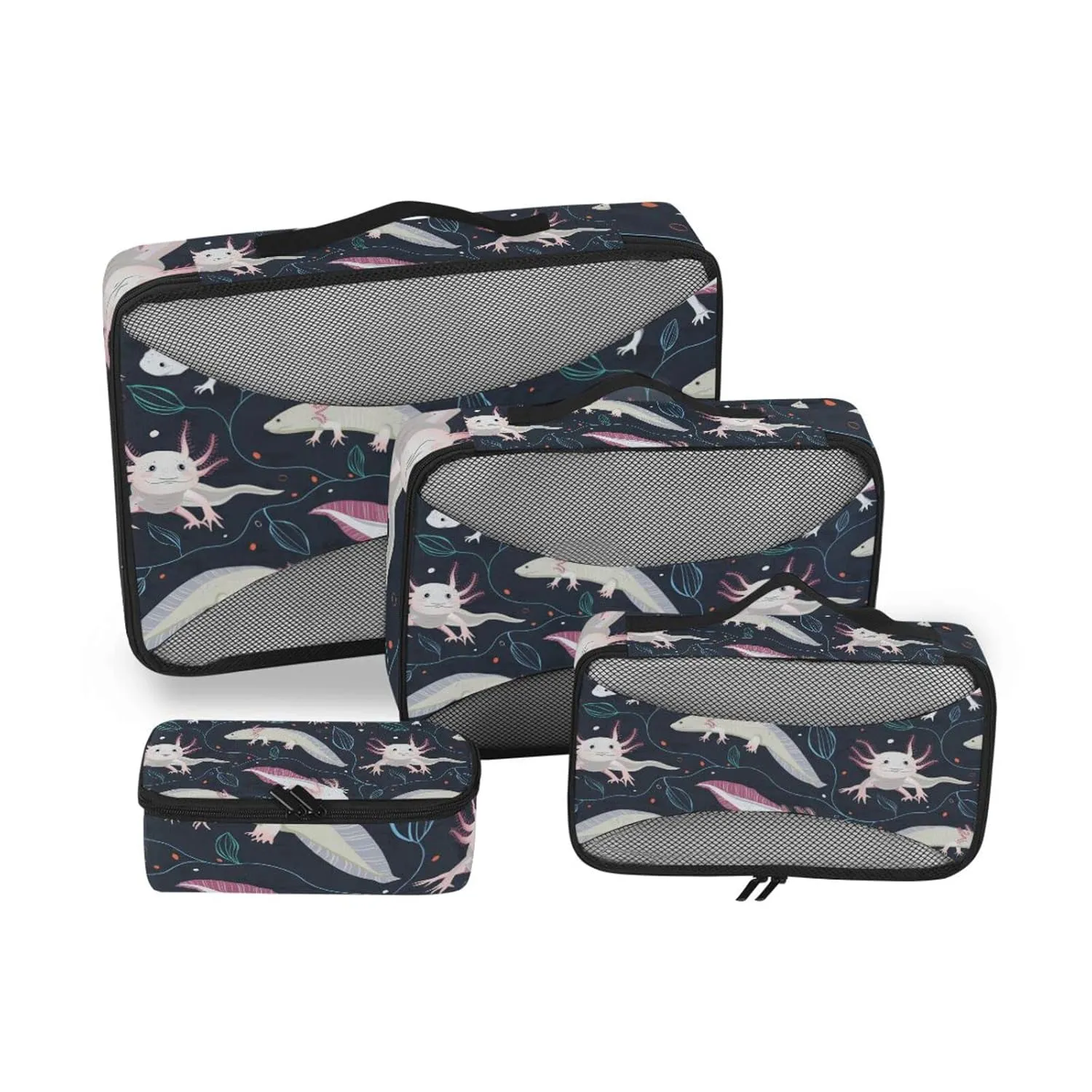 Seamless Pink White Swimming Axolotls, Blue Algae Leaves on Dark4 Set Packing Cubes, 600D Oxford Cloth Toiletry Bag, Travel Packing Organizers