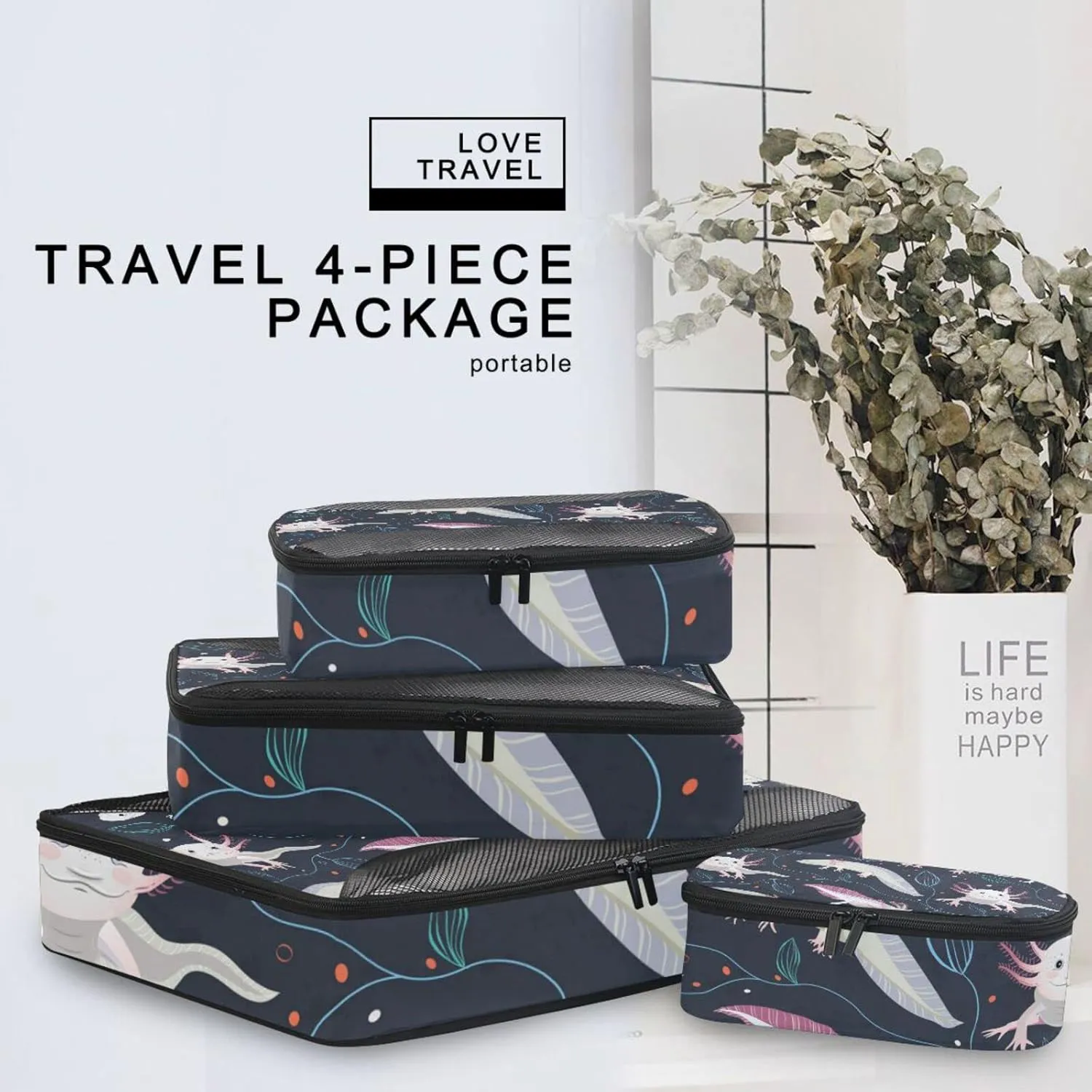 Seamless Pink White Swimming Axolotls, Blue Algae Leaves on Dark4 Set Packing Cubes, 600D Oxford Cloth Toiletry Bag, Travel Packing Organizers