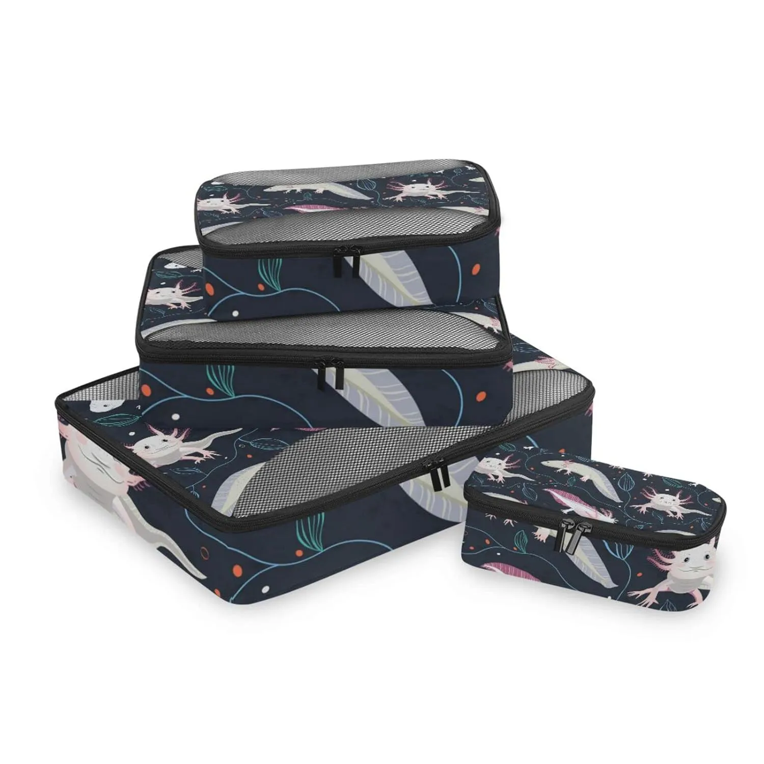 Seamless Pink White Swimming Axolotls, Blue Algae Leaves on Dark4 Set Packing Cubes, 600D Oxford Cloth Toiletry Bag, Travel Packing Organizers