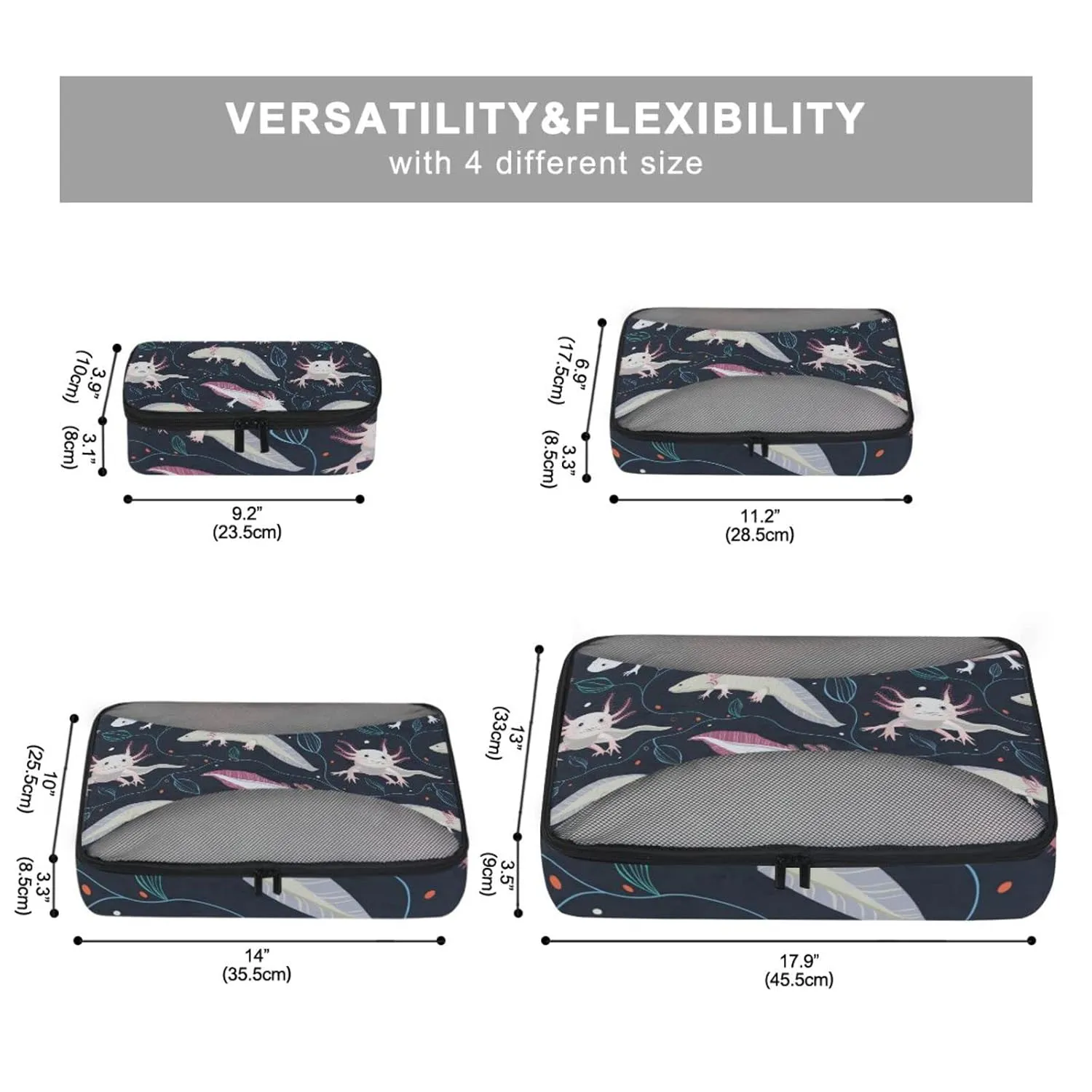Seamless Pink White Swimming Axolotls, Blue Algae Leaves on Dark4 Set Packing Cubes, 600D Oxford Cloth Toiletry Bag, Travel Packing Organizers