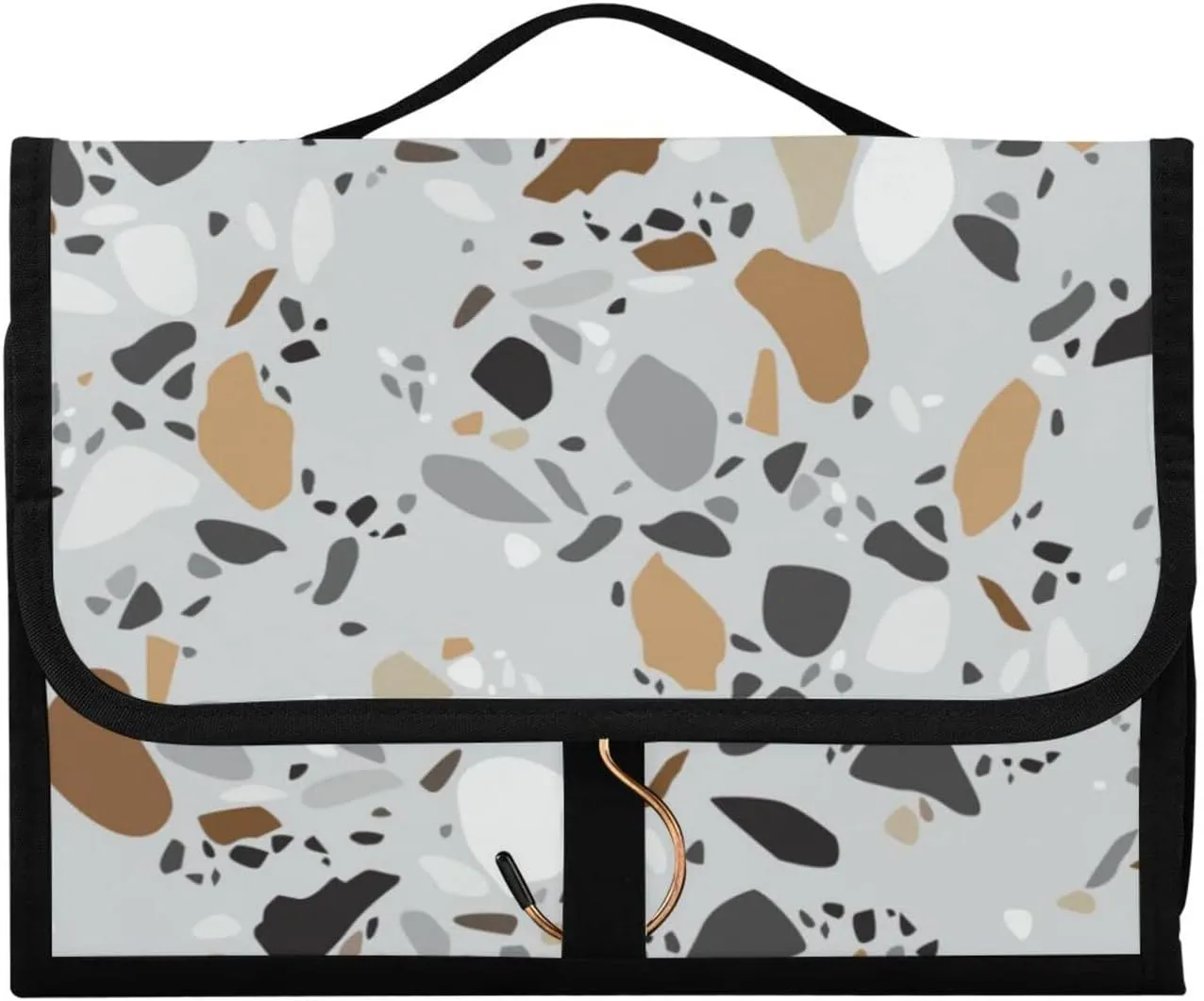Seamless Terrazzo Stone Fragments Rock Surface on Grey Background 3 PCs Set Toiletry bags, 1 Women's Travel Cosmetic Bag, 1 Hanging Toiletry Wash Bag, 1 Brush Case, Portable Makeup Storage Case