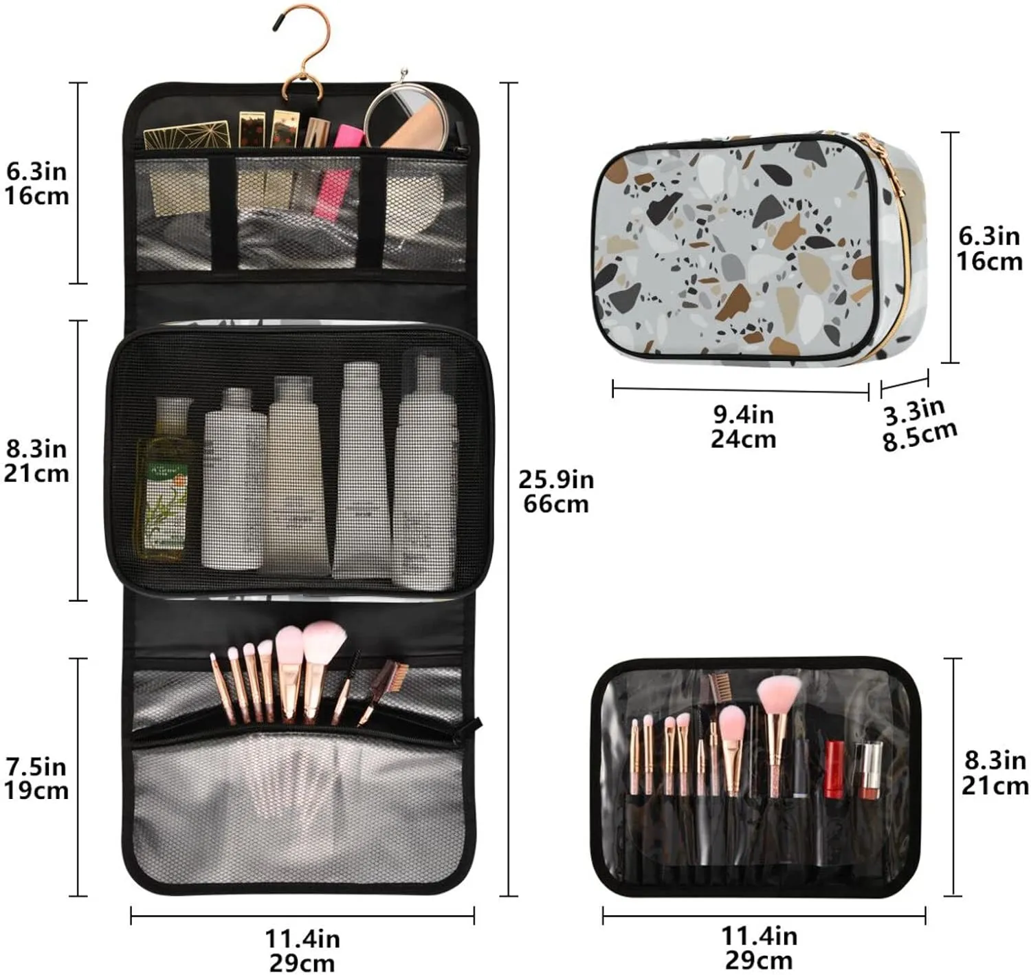 Seamless Terrazzo Stone Fragments Rock Surface on Grey Background 3 PCs Set Toiletry bags, 1 Women's Travel Cosmetic Bag, 1 Hanging Toiletry Wash Bag, 1 Brush Case, Portable Makeup Storage Case