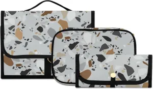 Seamless Terrazzo Stone Fragments Rock Surface on Grey Background 3 PCs Set Toiletry bags, 1 Women's Travel Cosmetic Bag, 1 Hanging Toiletry Wash Bag, 1 Brush Case, Portable Makeup Storage Case