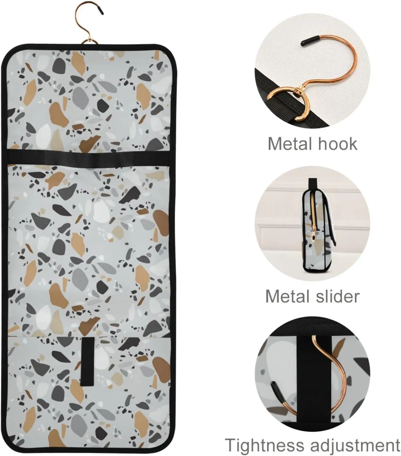 Seamless Terrazzo Stone Fragments Rock Surface on Grey Background 3 PCs Set Toiletry bags, 1 Women's Travel Cosmetic Bag, 1 Hanging Toiletry Wash Bag, 1 Brush Case, Portable Makeup Storage Case