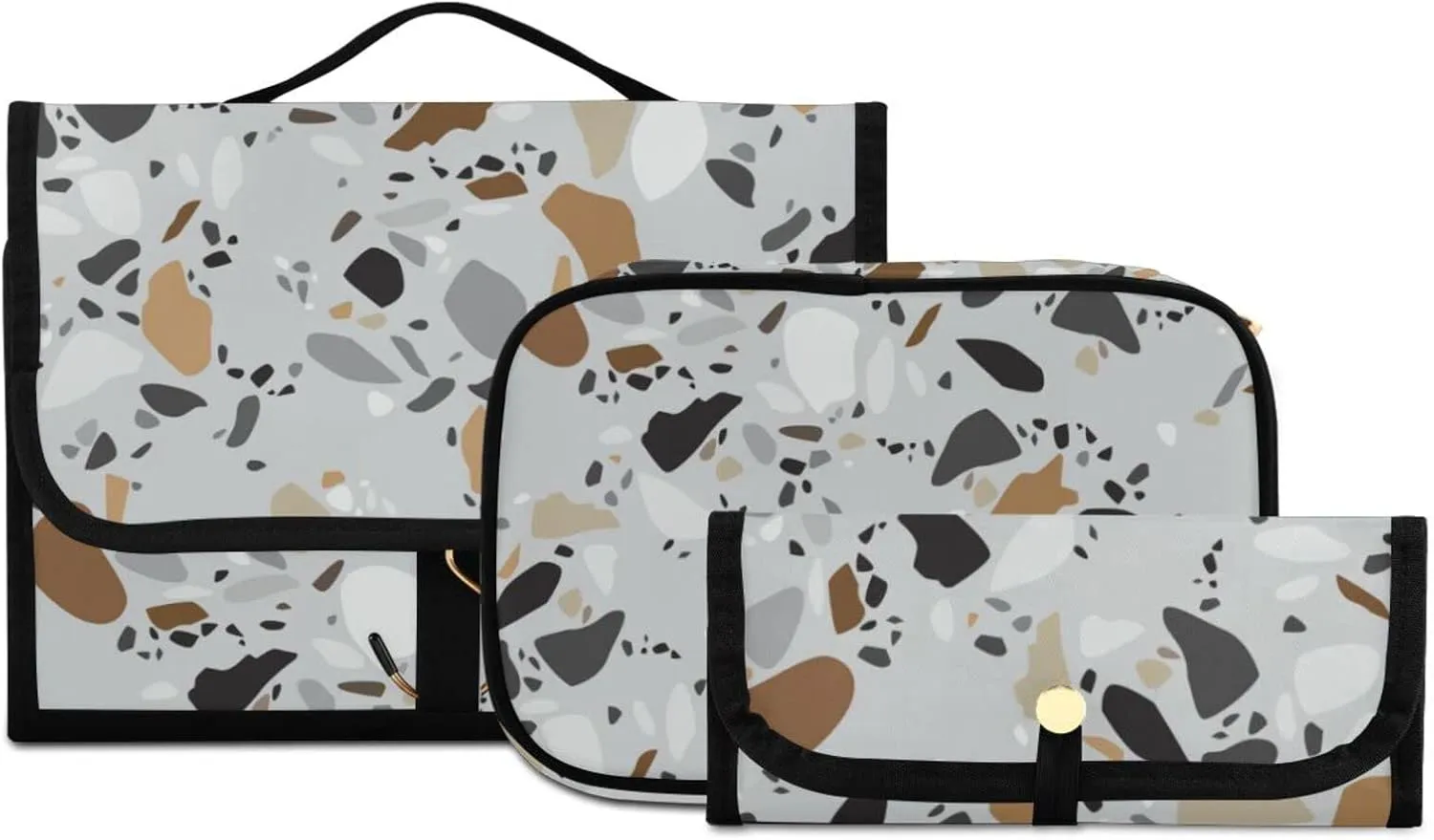 Seamless Terrazzo Stone Fragments Rock Surface on Grey Background 3 PCs Set Toiletry bags, 1 Women's Travel Cosmetic Bag, 1 Hanging Toiletry Wash Bag, 1 Brush Case, Portable Makeup Storage Case