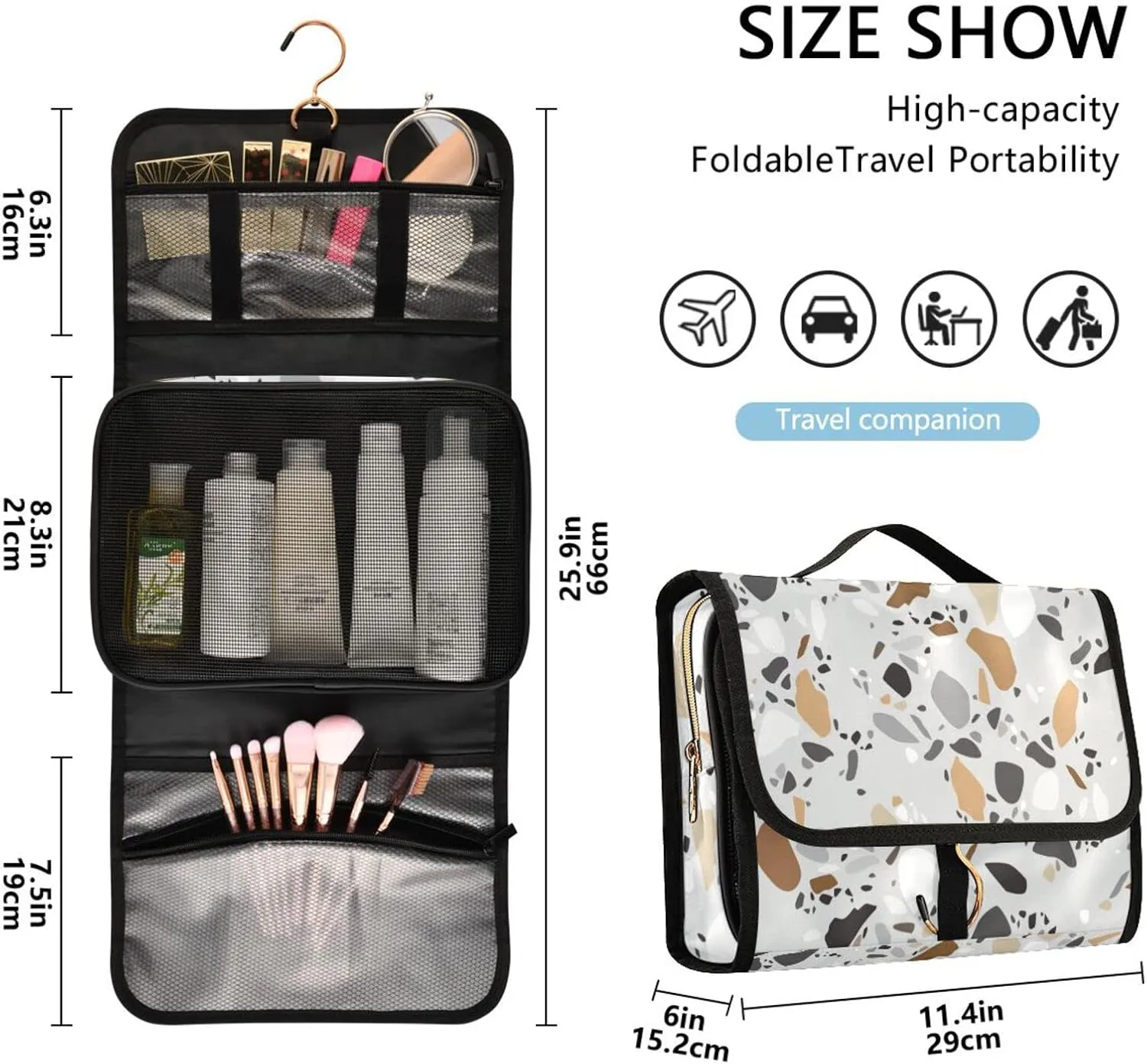 Seamless Terrazzo Stone Fragments Rock Surface on Grey Background 3 PCs Set Toiletry bags, 1 Women's Travel Cosmetic Bag, 1 Hanging Toiletry Wash Bag, 1 Brush Case, Portable Makeup Storage Case